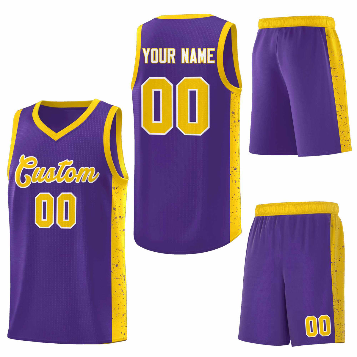 Custom Purple Gold-White Side Splash Sports Uniform Basketball Jersey