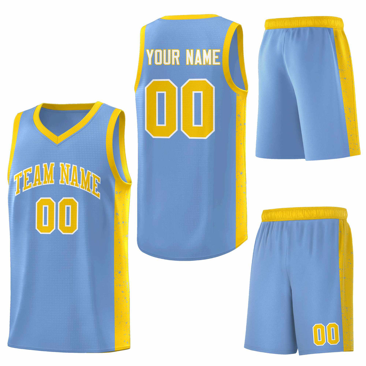 Custom Light Blue Gold-White Side Splash Sports Uniform Basketball Jersey