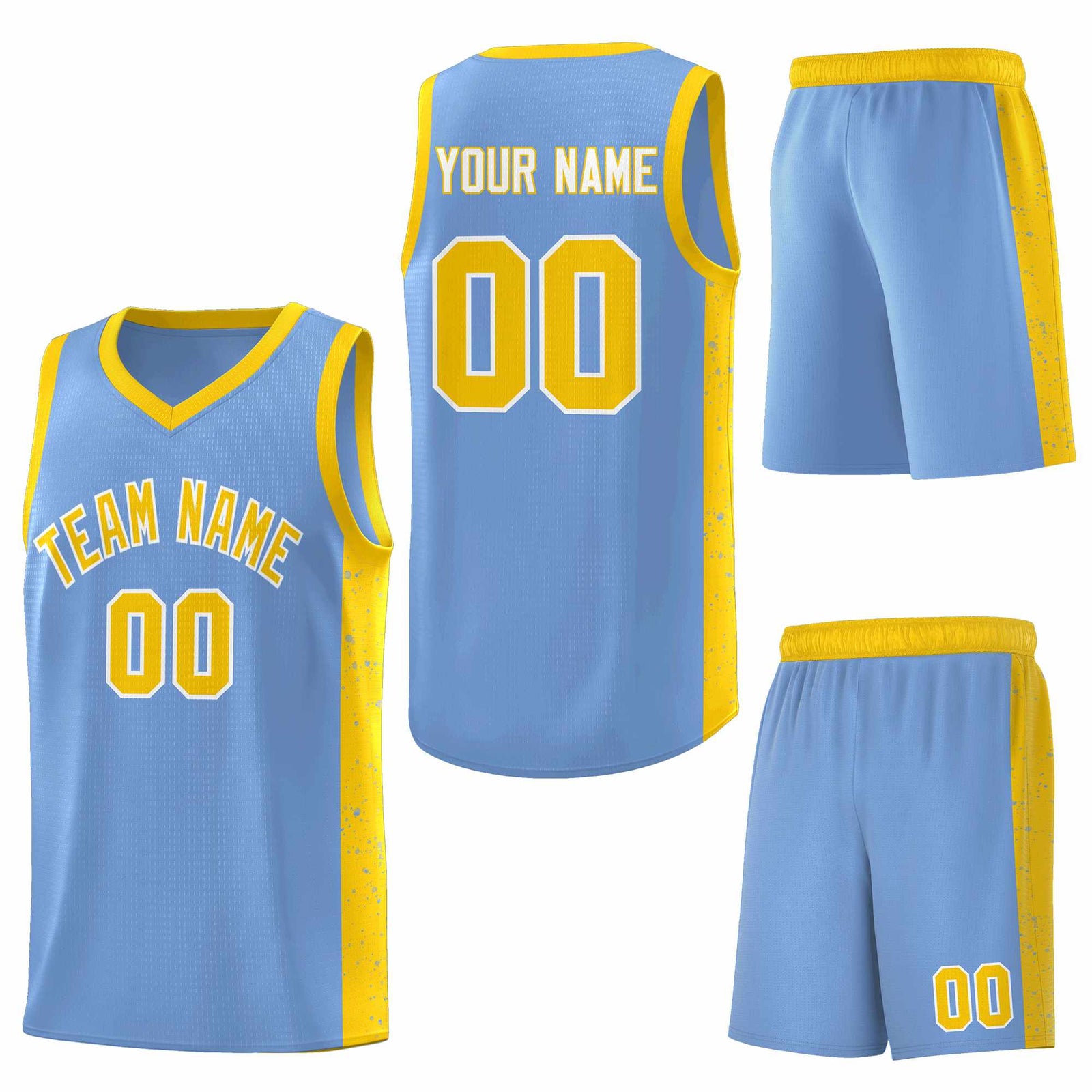 Custom Light Blue Gold-White Side Splash Sports Uniform Basketball Jersey
