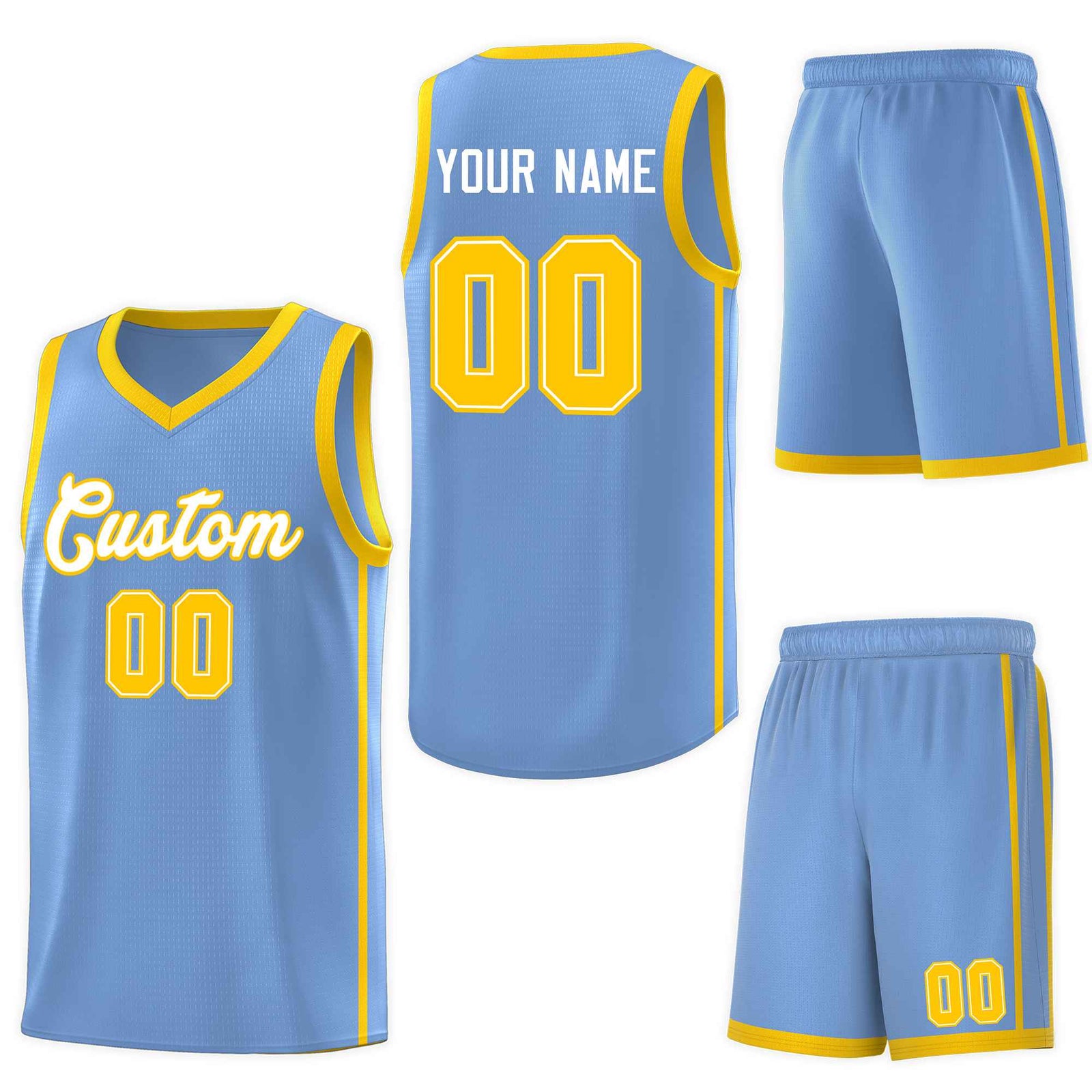 Custom Light Blue White-Gold Side Two Bars Sports Uniform Basketball Jersey