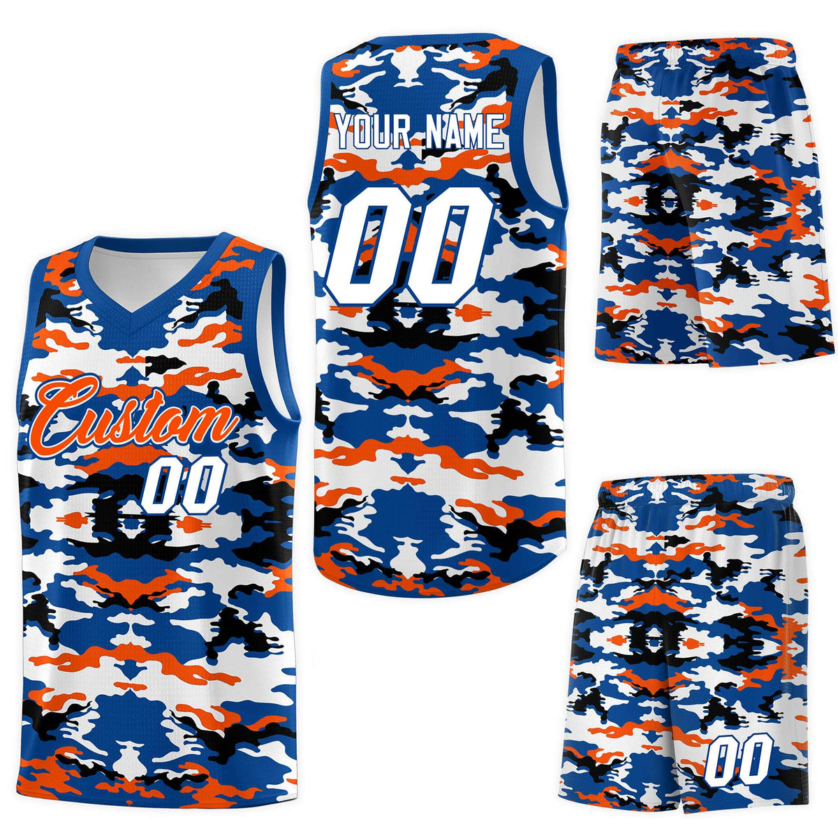 Custom Royal Orange-Black-White Personalized Camo Sets Sports Uniform Basketball Jersey