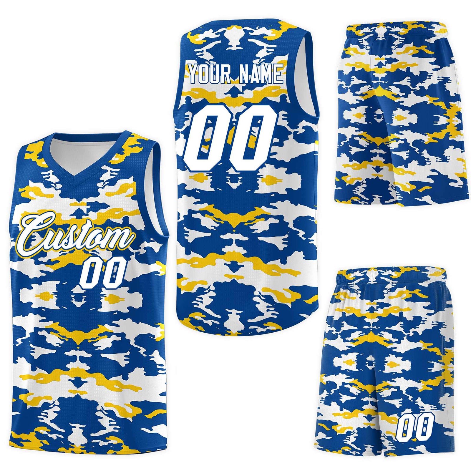 Custom Royal Gold-White Personalized Camo Sets Sports Uniform Basketball Jersey