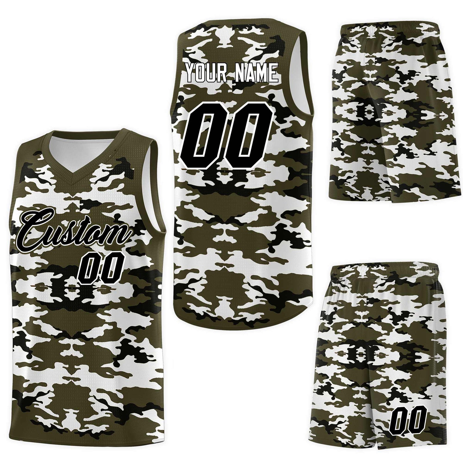 Custom Olive Black-White Personalized Camo Sets Sports Uniform Basketball Jersey