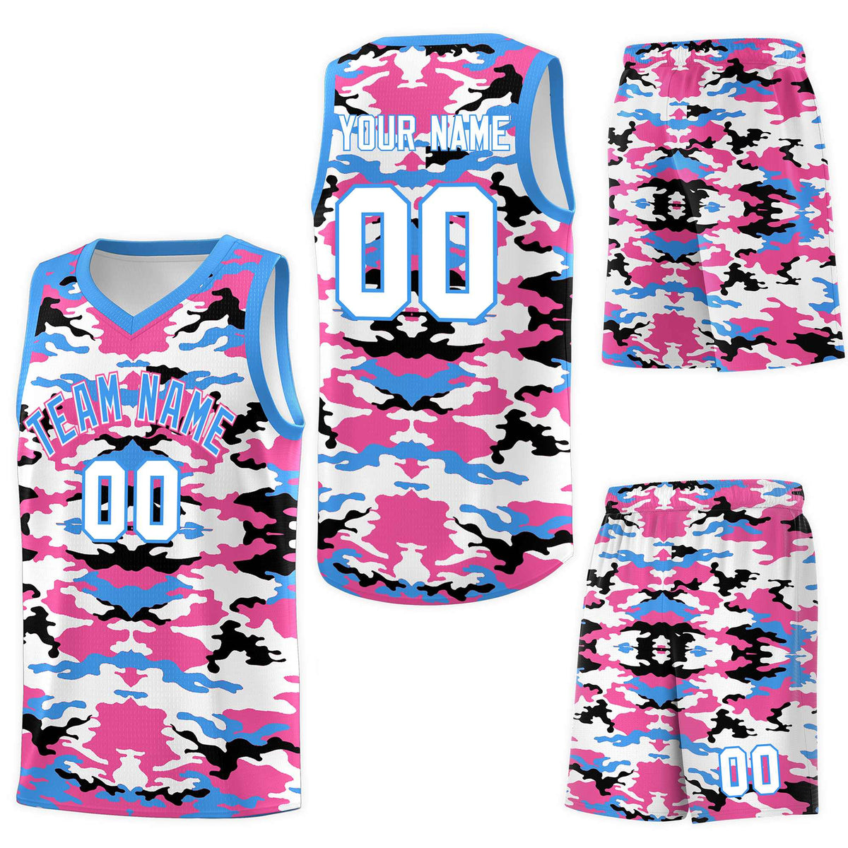 Custom Powder Blue Pink-Black-White Personalized Camo Sets Sports Uniform Basketball Jersey