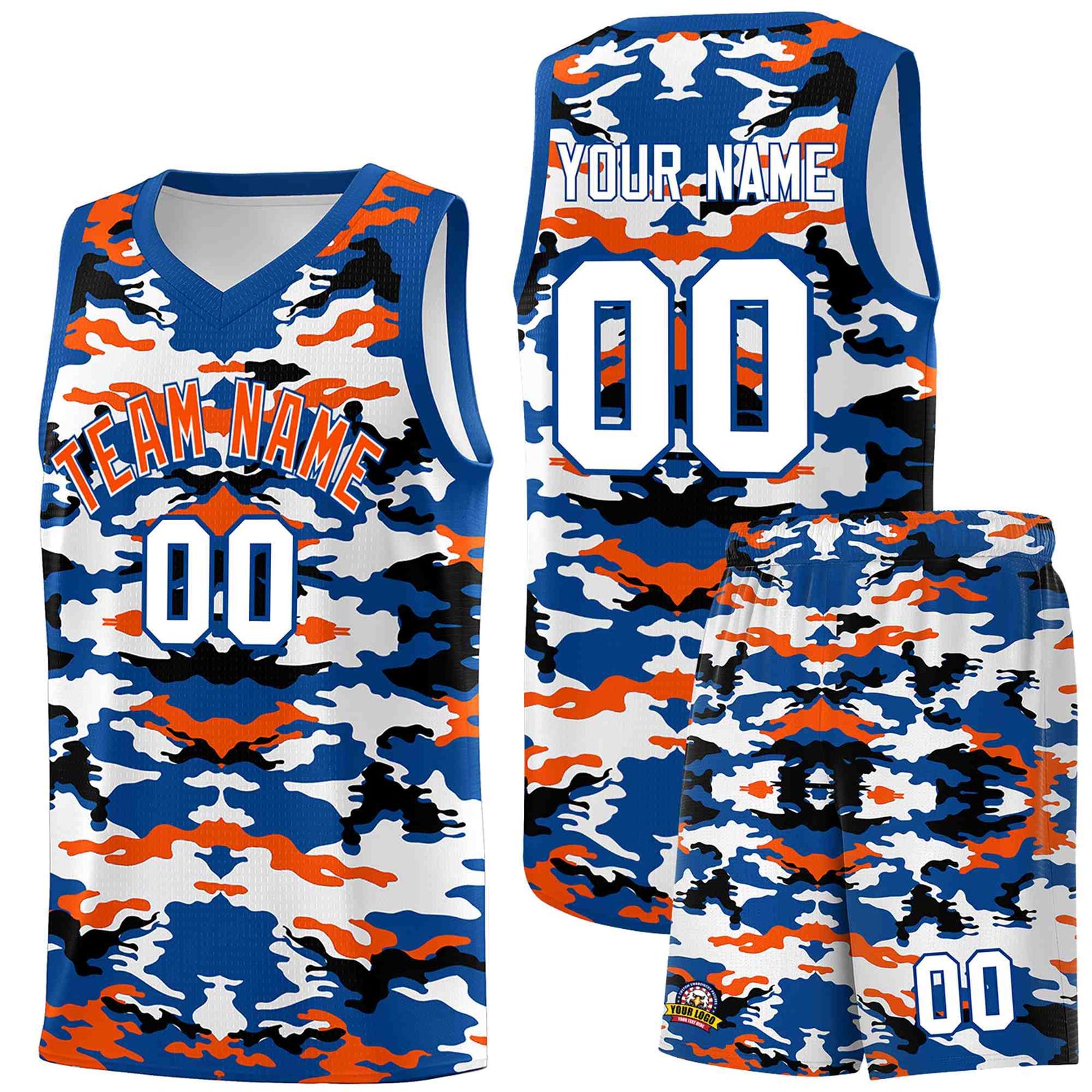 Custom Royal Orange-Black-White Personalized Camo Sets Sports Uniform Basketball Jersey