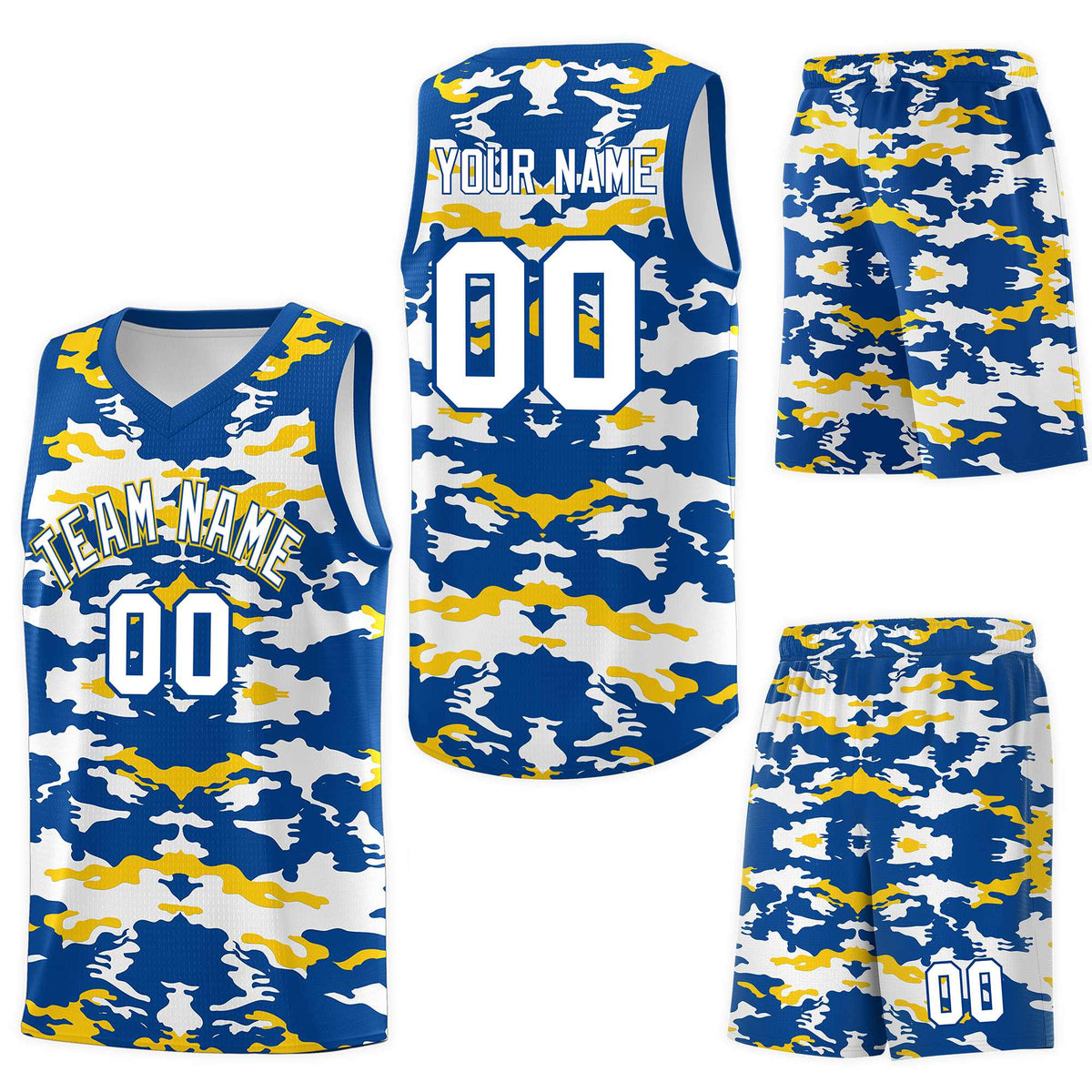 Custom Royal Gold-White Personalized Camo Sets Sports Uniform Basketball Jersey