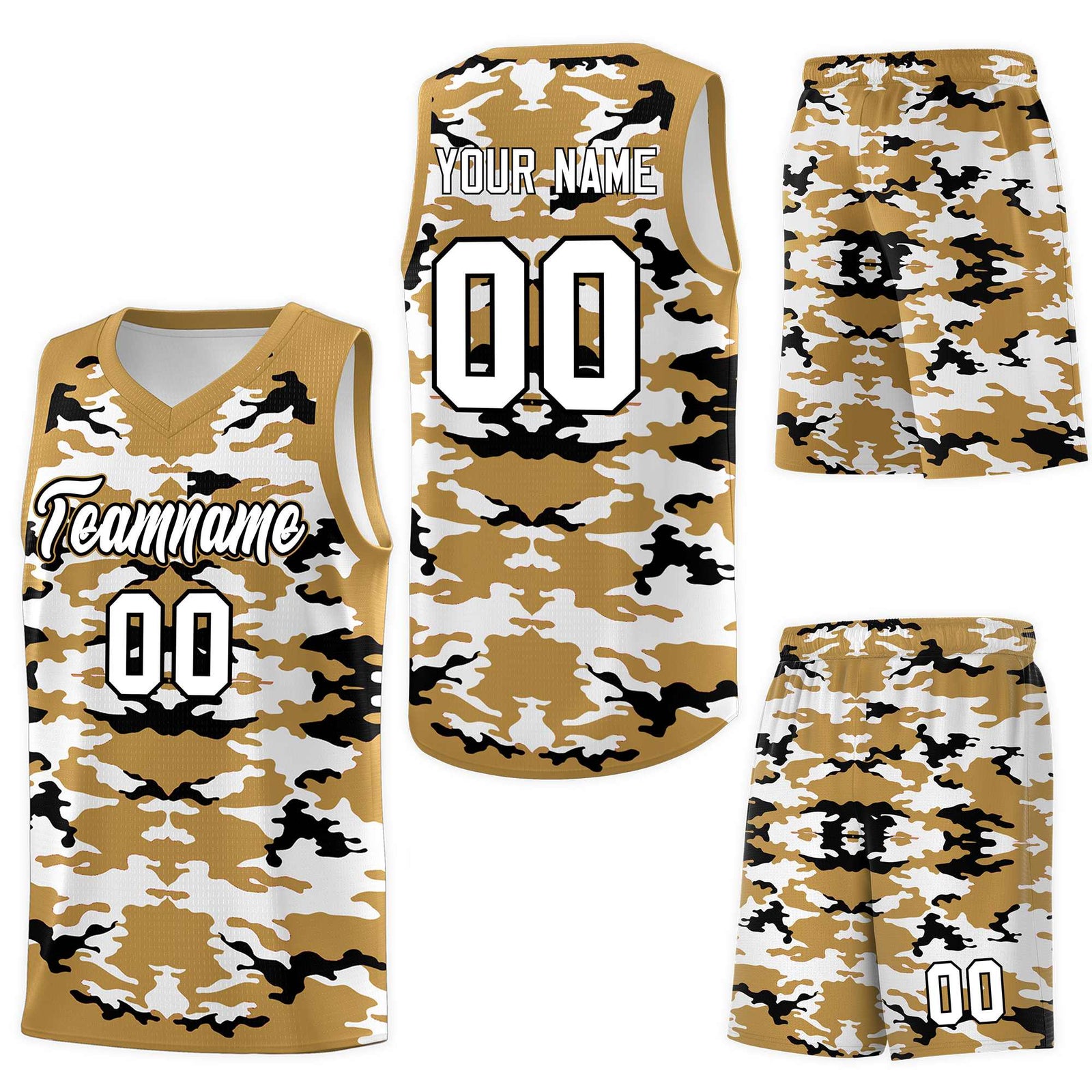 Custom Old Gold Black-White Personalized Camo Sets Sports Uniform Basketball Jersey