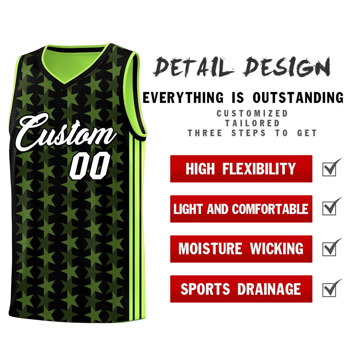 Custom Black Neon Green Star Graffiti Pattern Sets Sports Uniform Basketball Jersey