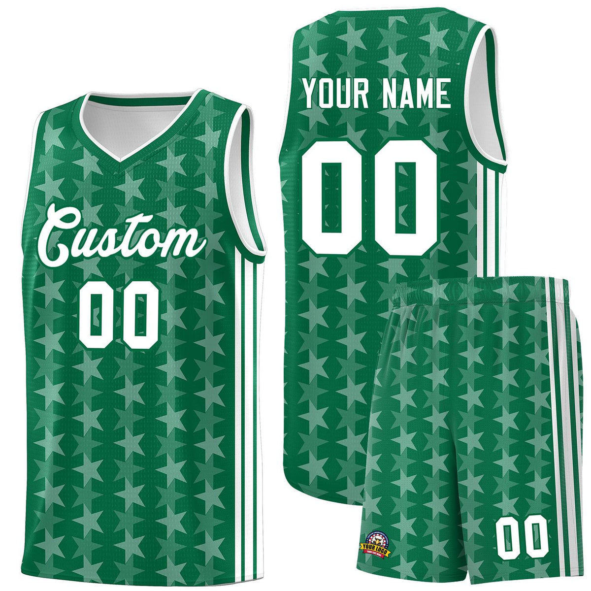 Custom Kelly Green White Star Graffiti Pattern Sets Sports Uniform Basketball Jersey