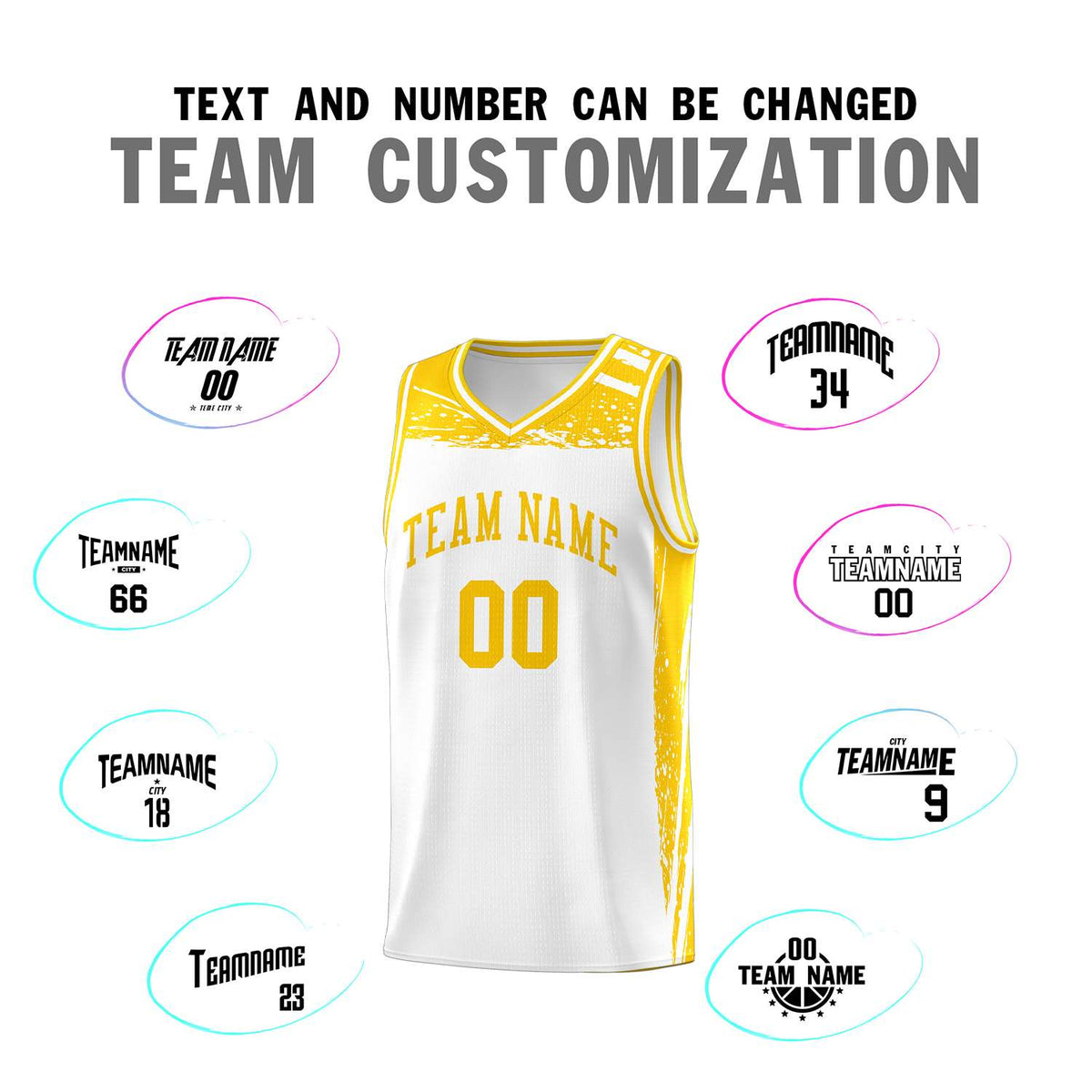 Custom White Yellow Graffiti Pattern Sports Uniform Basketball Jersey