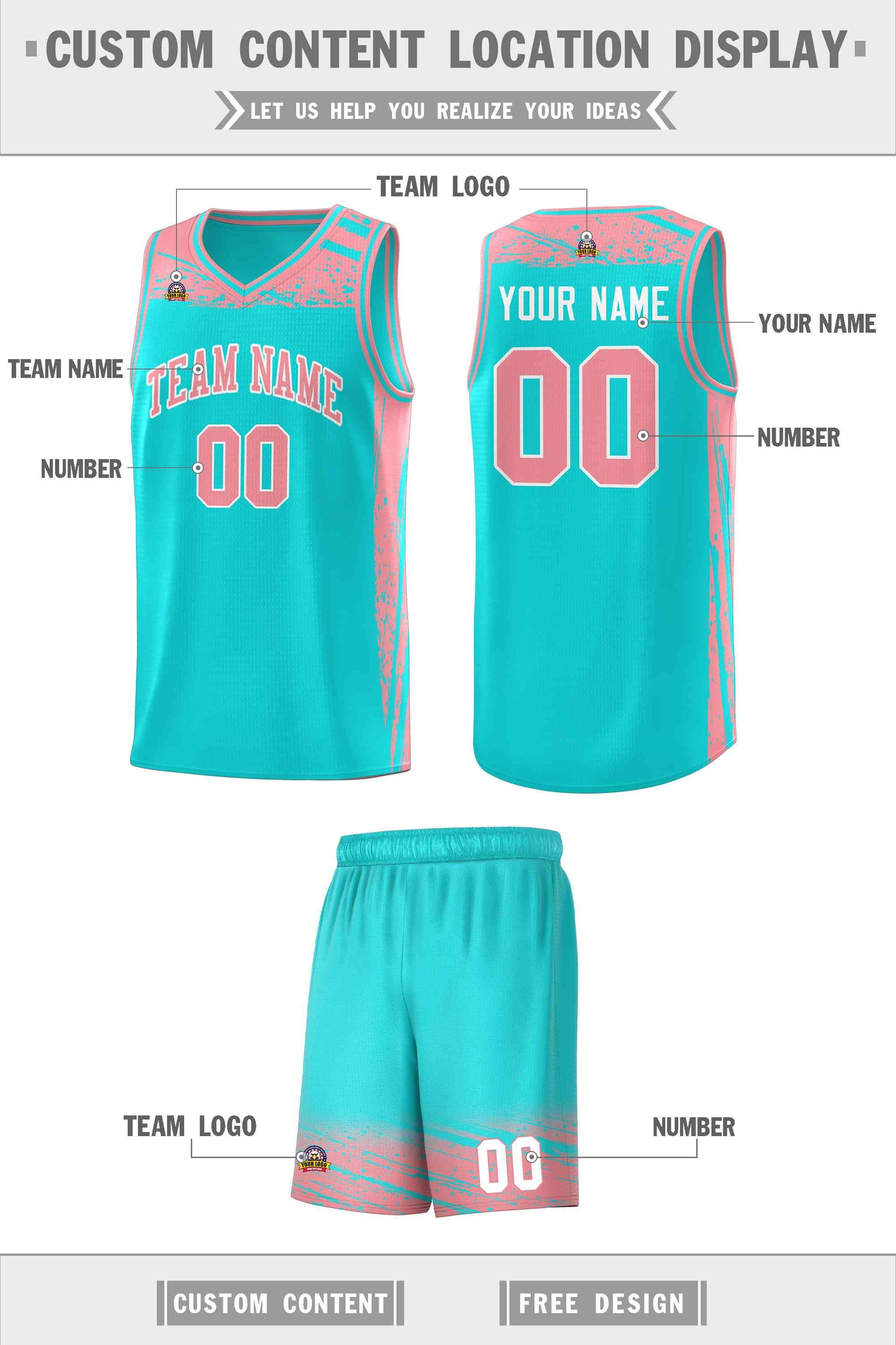 Custom Aqua Light Pink Graffiti Pattern Sports Uniform Basketball Jersey