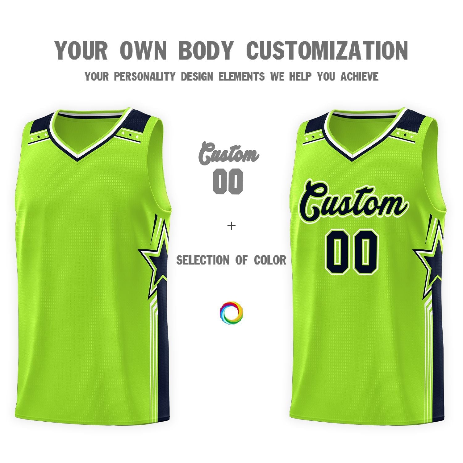 Custom Neon Green Navy Star Graffiti Pattern Sports Uniform Basketball Jersey