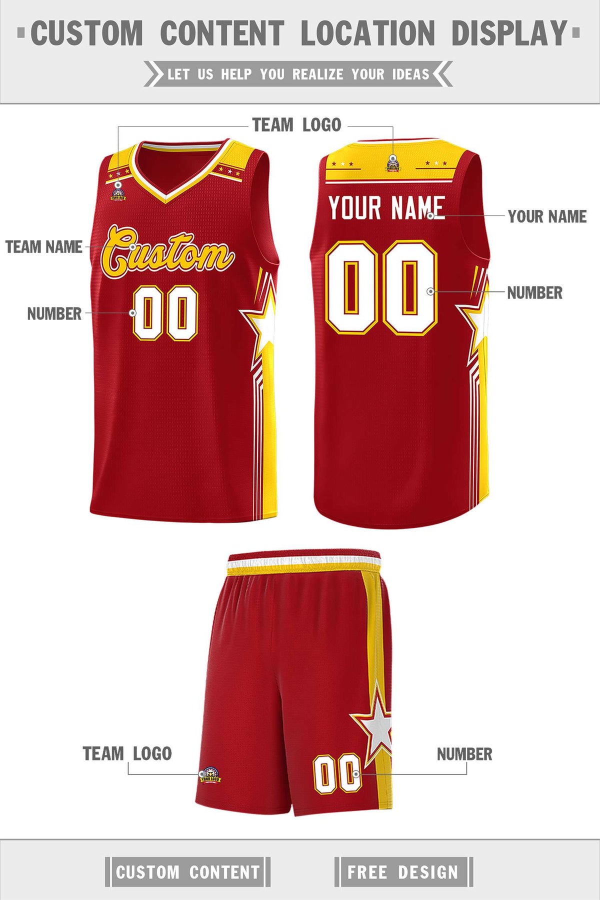 Custom Red Gold Star Graffiti Pattern Sports Uniform Basketball Jersey