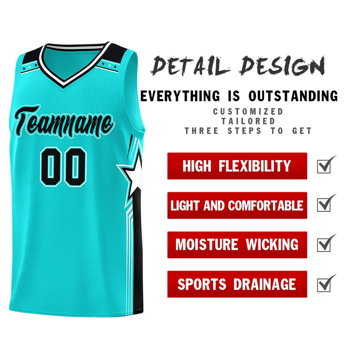 Custom Aqua Black Star Graffiti Pattern Sports Uniform Basketball Jersey