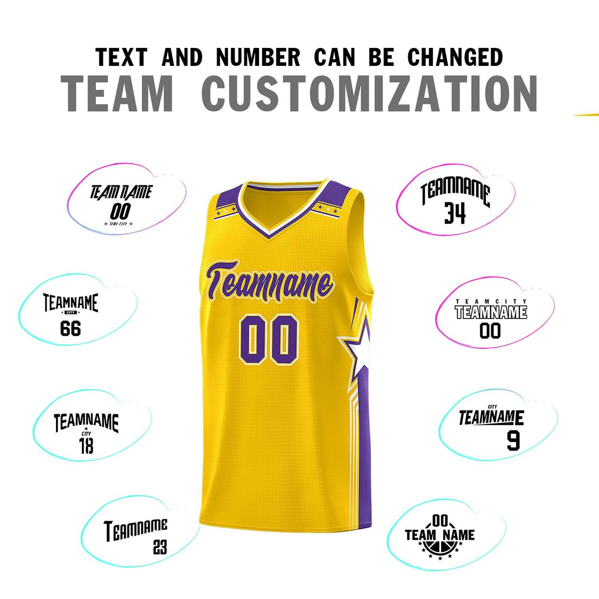 Custom Gold Purple Star Graffiti Pattern Sports Uniform Basketball Jersey
