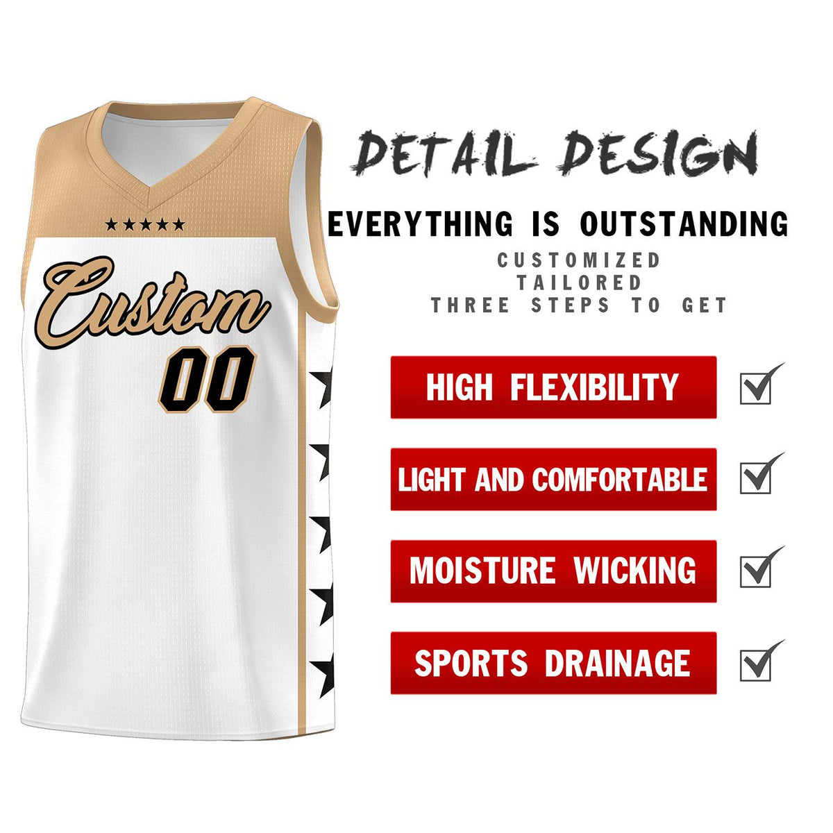 Custom White Old Gold Color Block Sets Sports Uniform Basketball Jersey