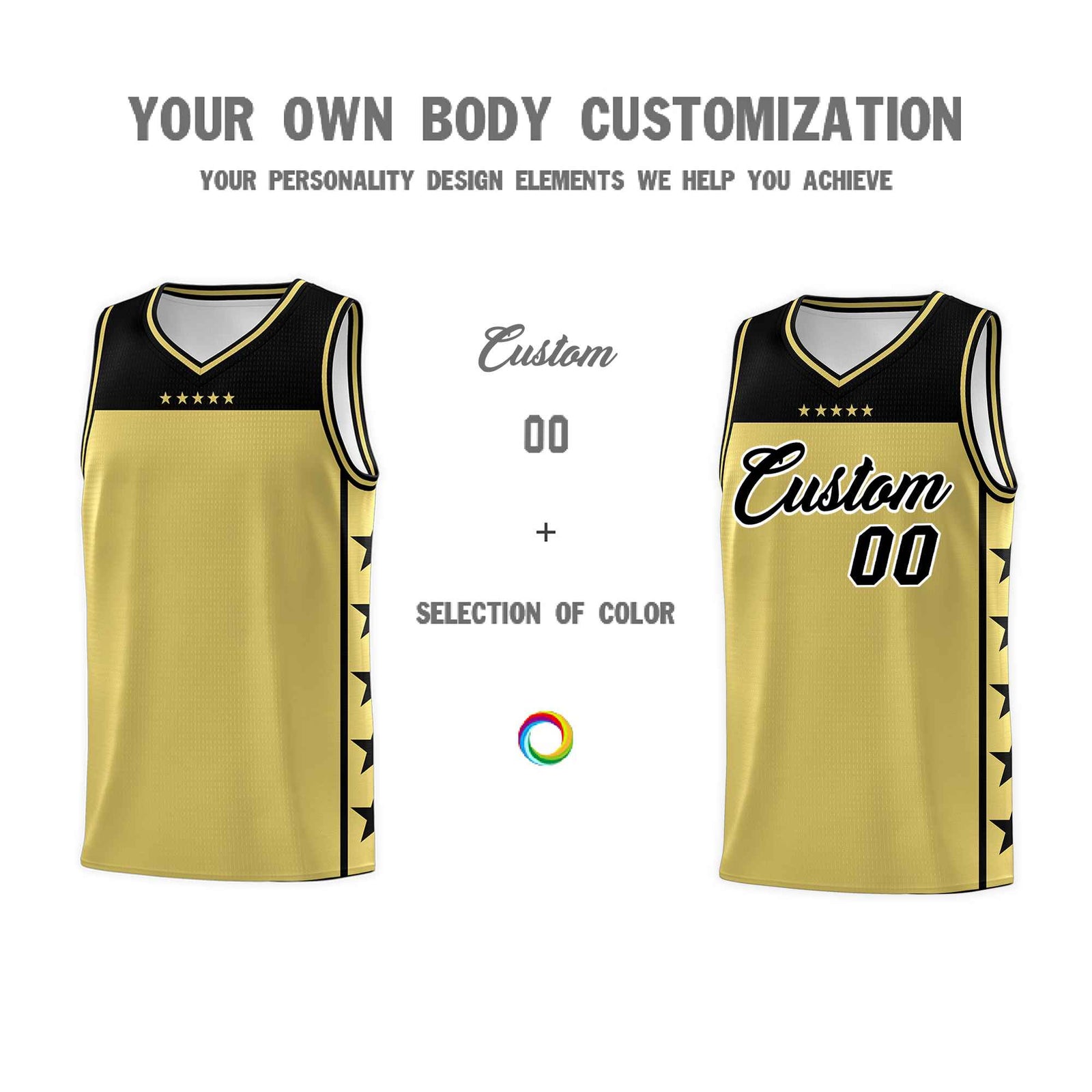 Custom Old Gold Black Color Block Sets Sports Uniform Basketball Jersey