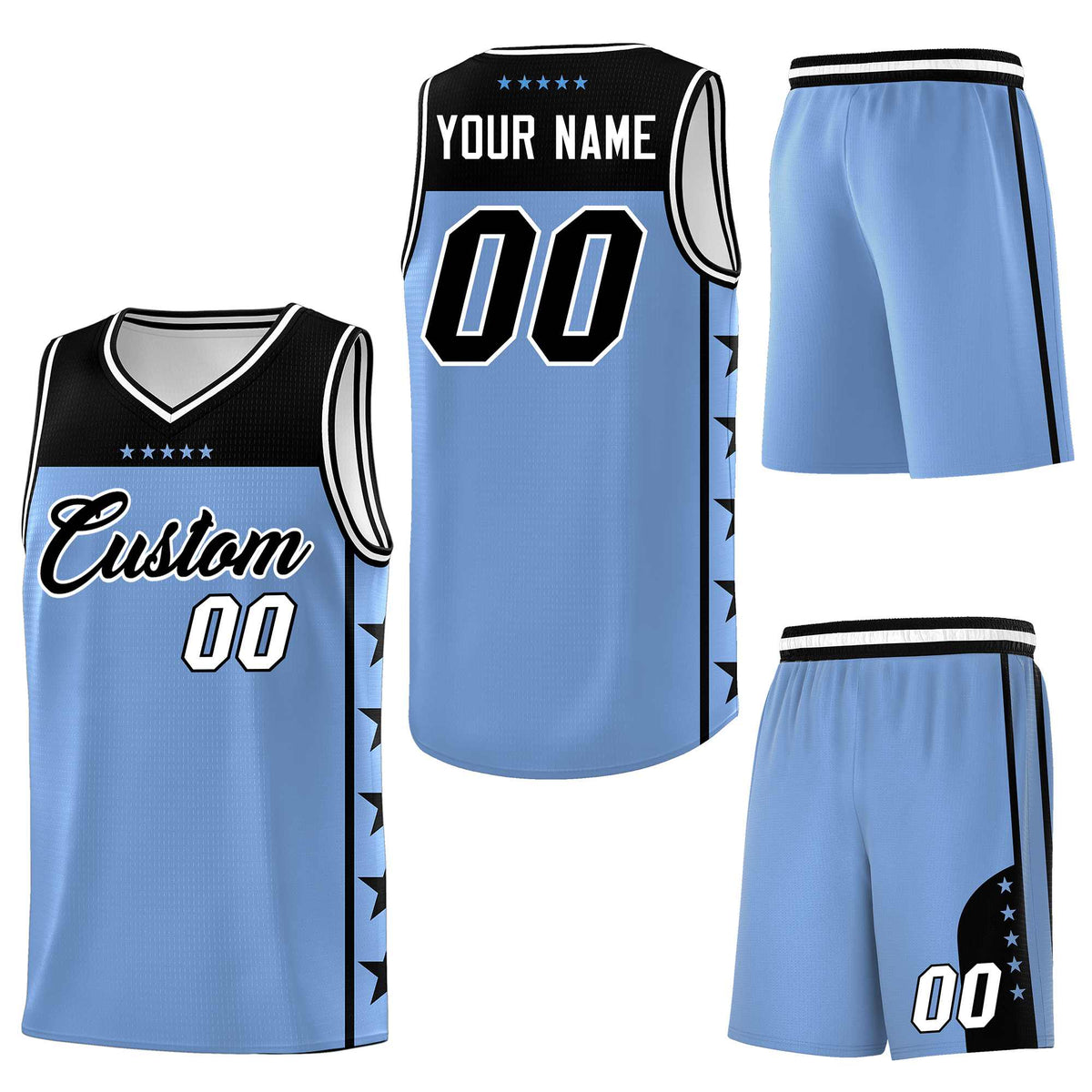 Custom Light Blue Black Personalized Star Pattern Sports Uniform Basketball Jersey