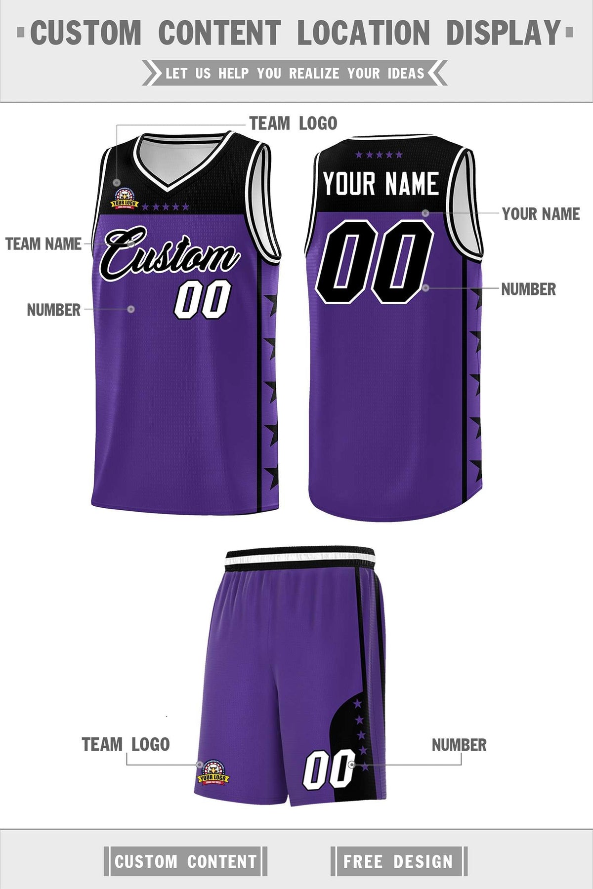 Custom Purple Black Color Block Sets Sports Uniform Basketball Jersey