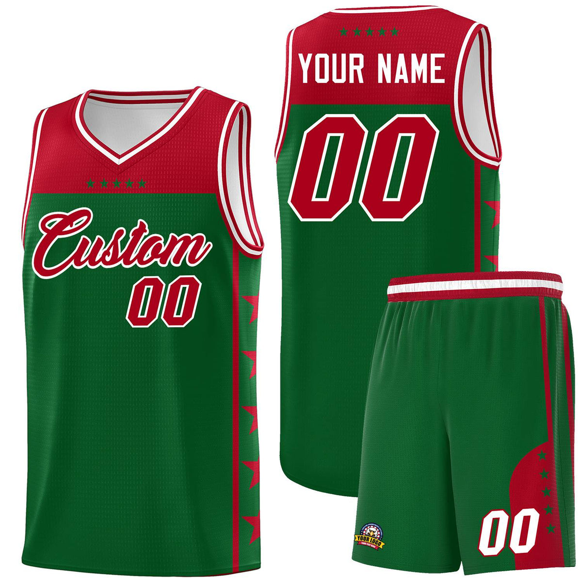Custom Kelly Green Red Color Block Sets Sports Uniform Basketball Jersey