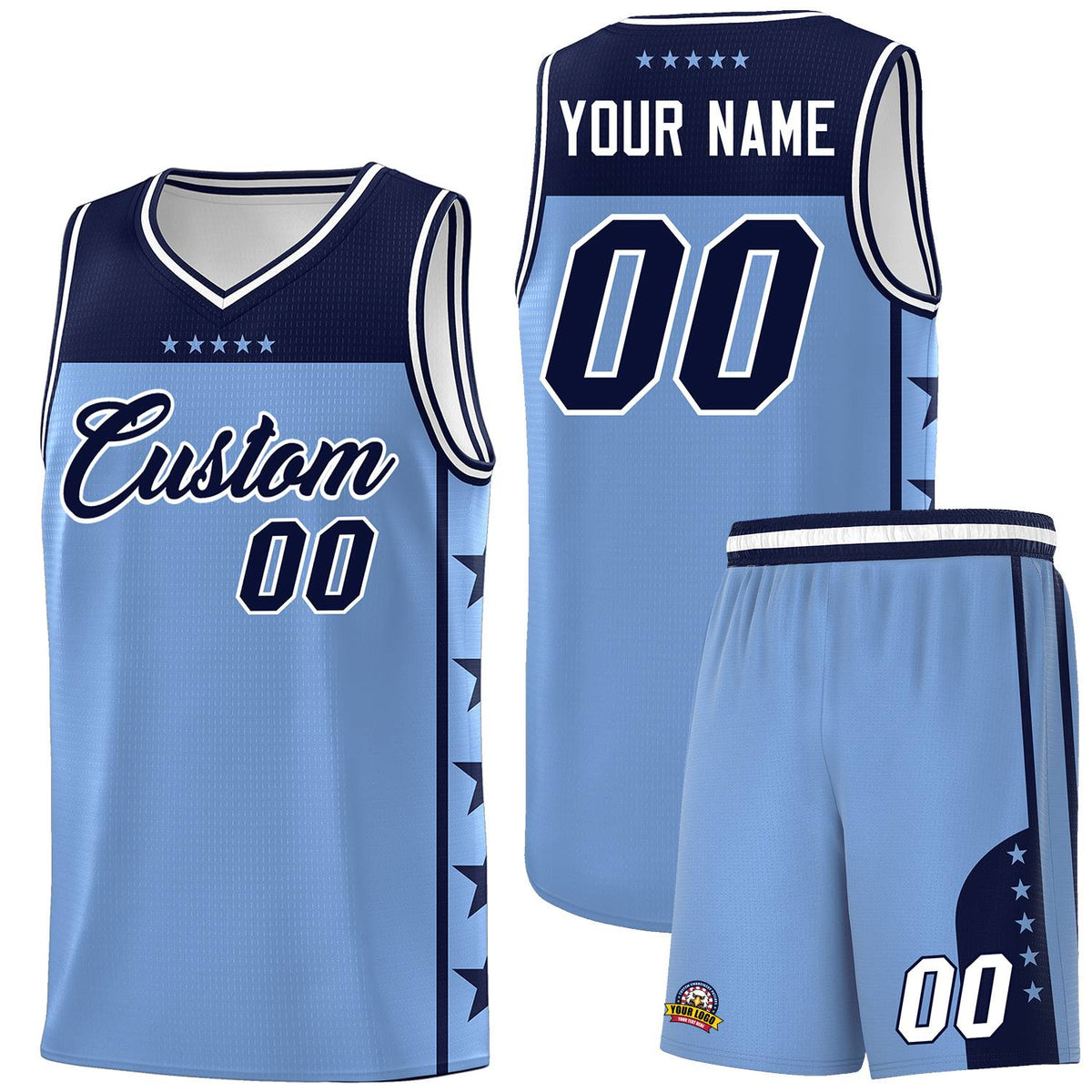 Custom Light Blue Navy Color Block Sets Sports Uniform Basketball Jersey