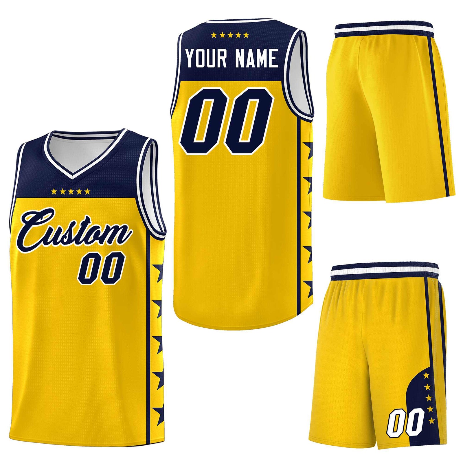 Custom Gold Navy Personalized Star Pattern Sports Uniform Basketball Jersey
