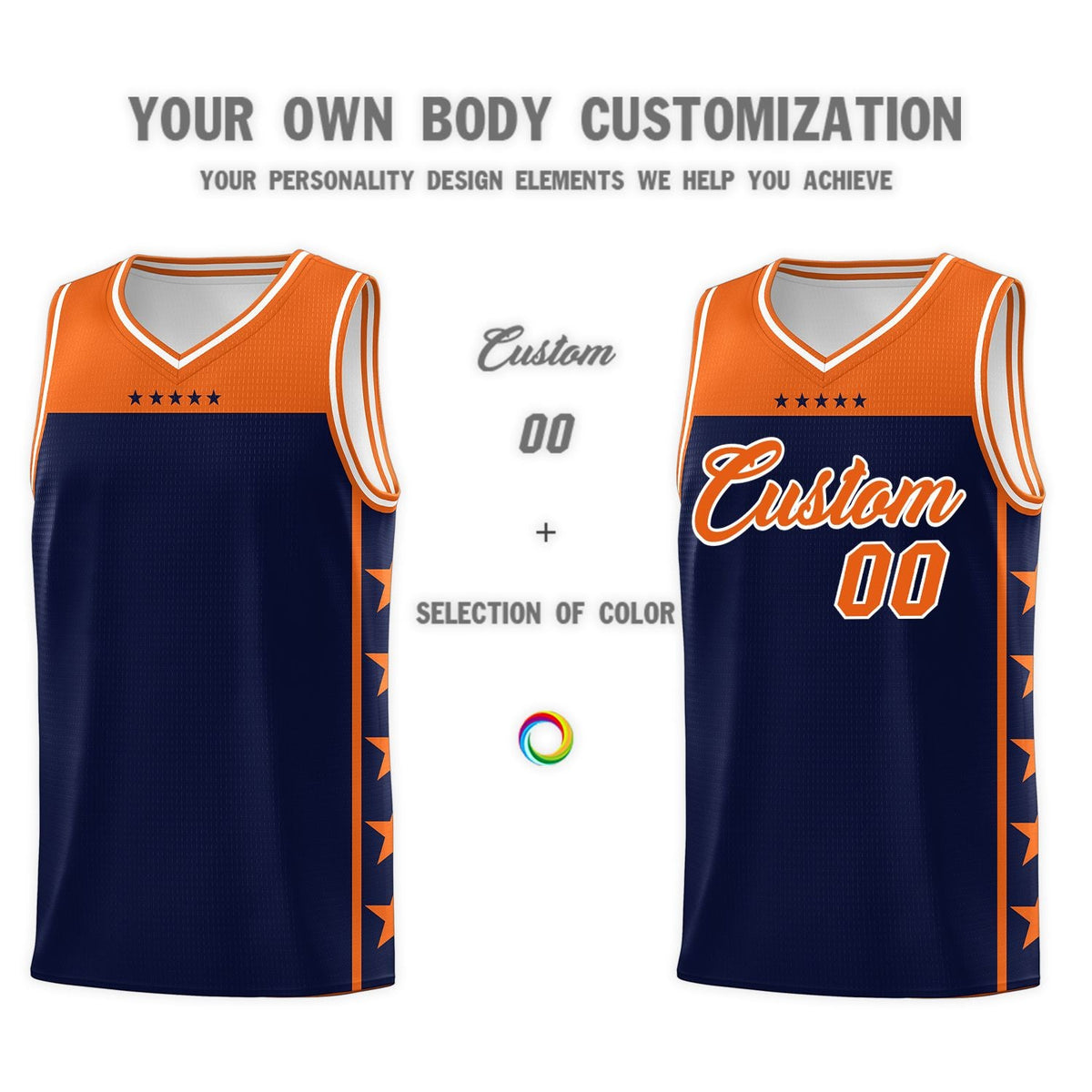 Custom Navy Orange Color Block Sets Sports Uniform Basketball Jersey