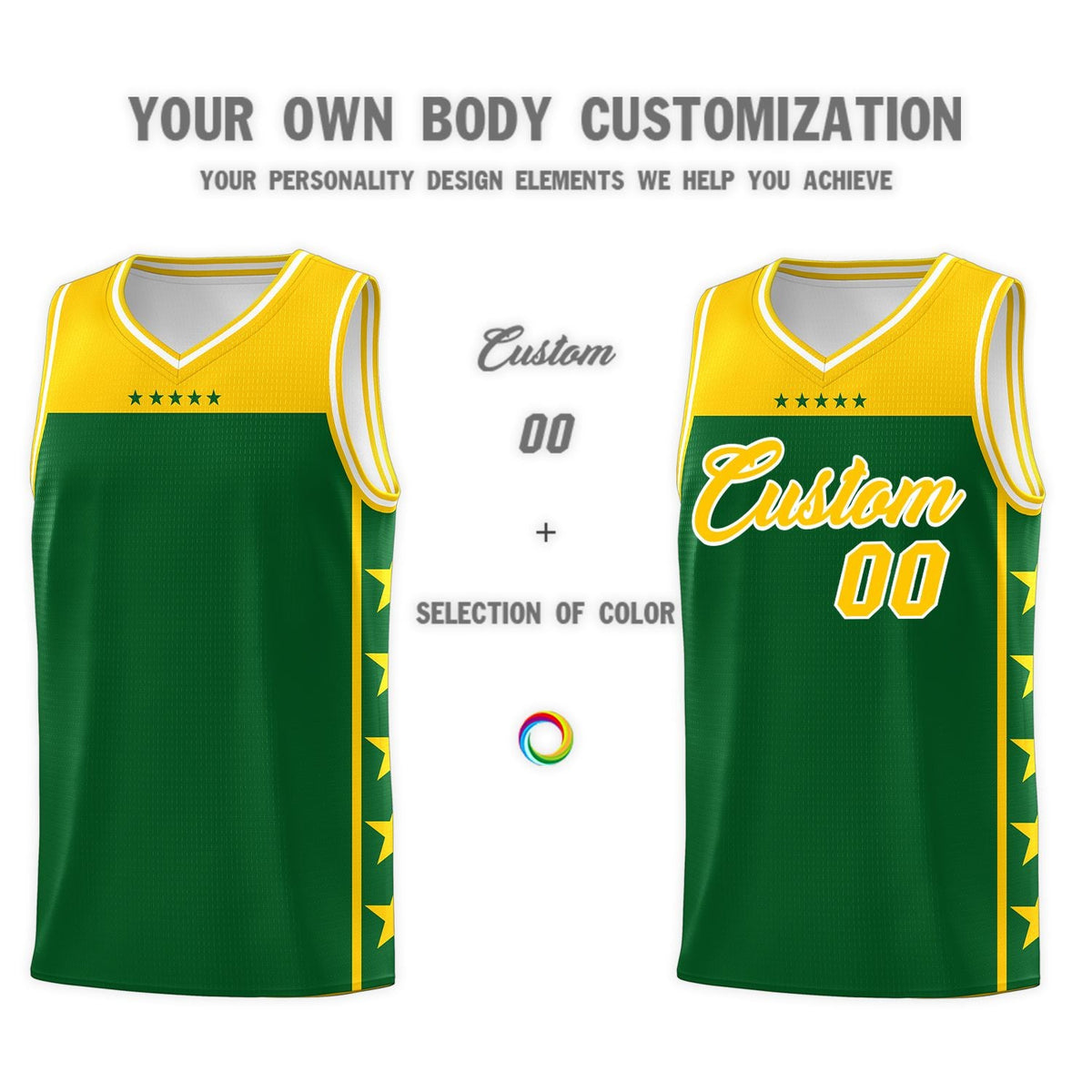 Custom Kelly Green Yellow Color Block Sets Sports Uniform Basketball Jersey
