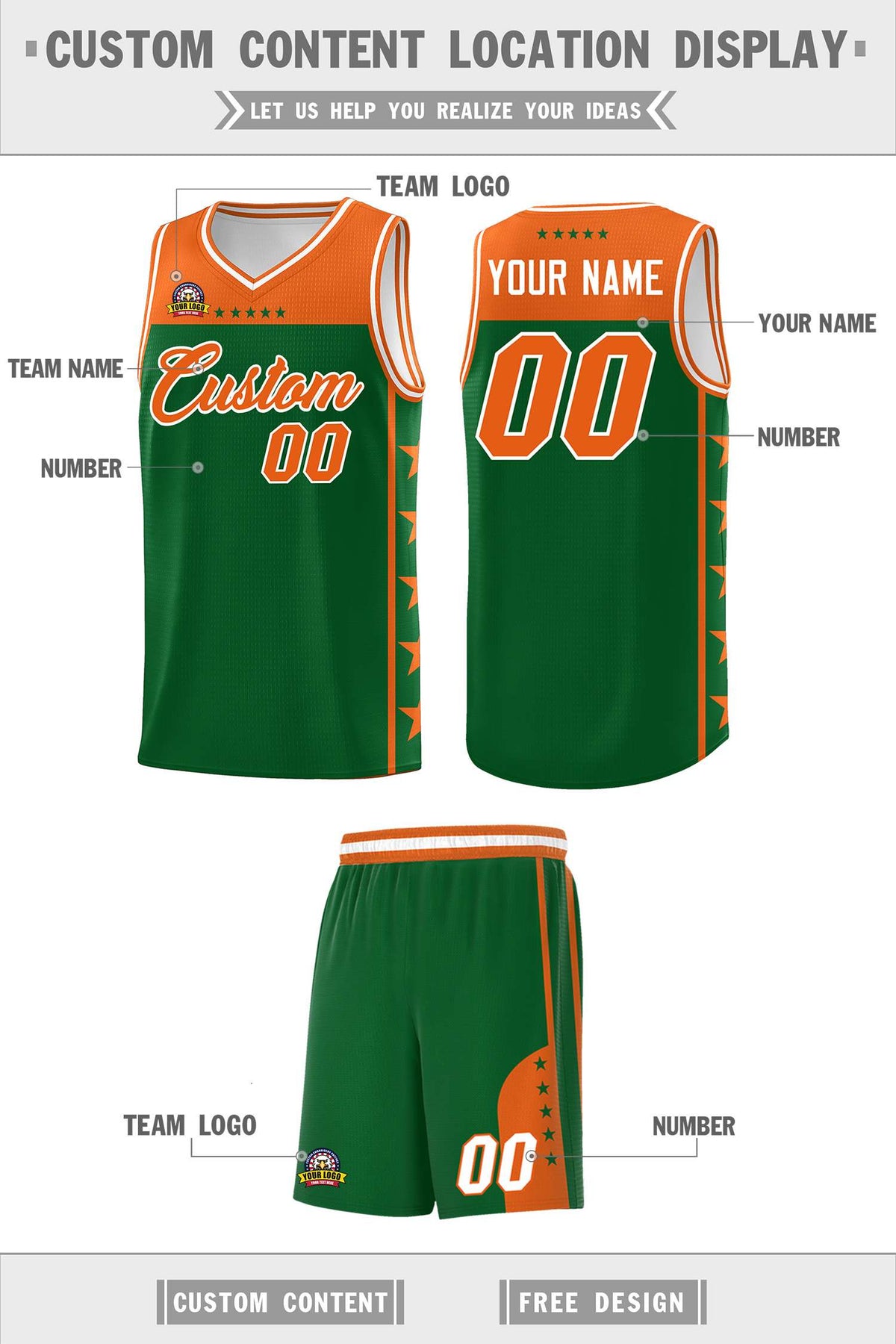 Custom Kelly Green Orange Color Block Sets Sports Uniform Basketball Jersey