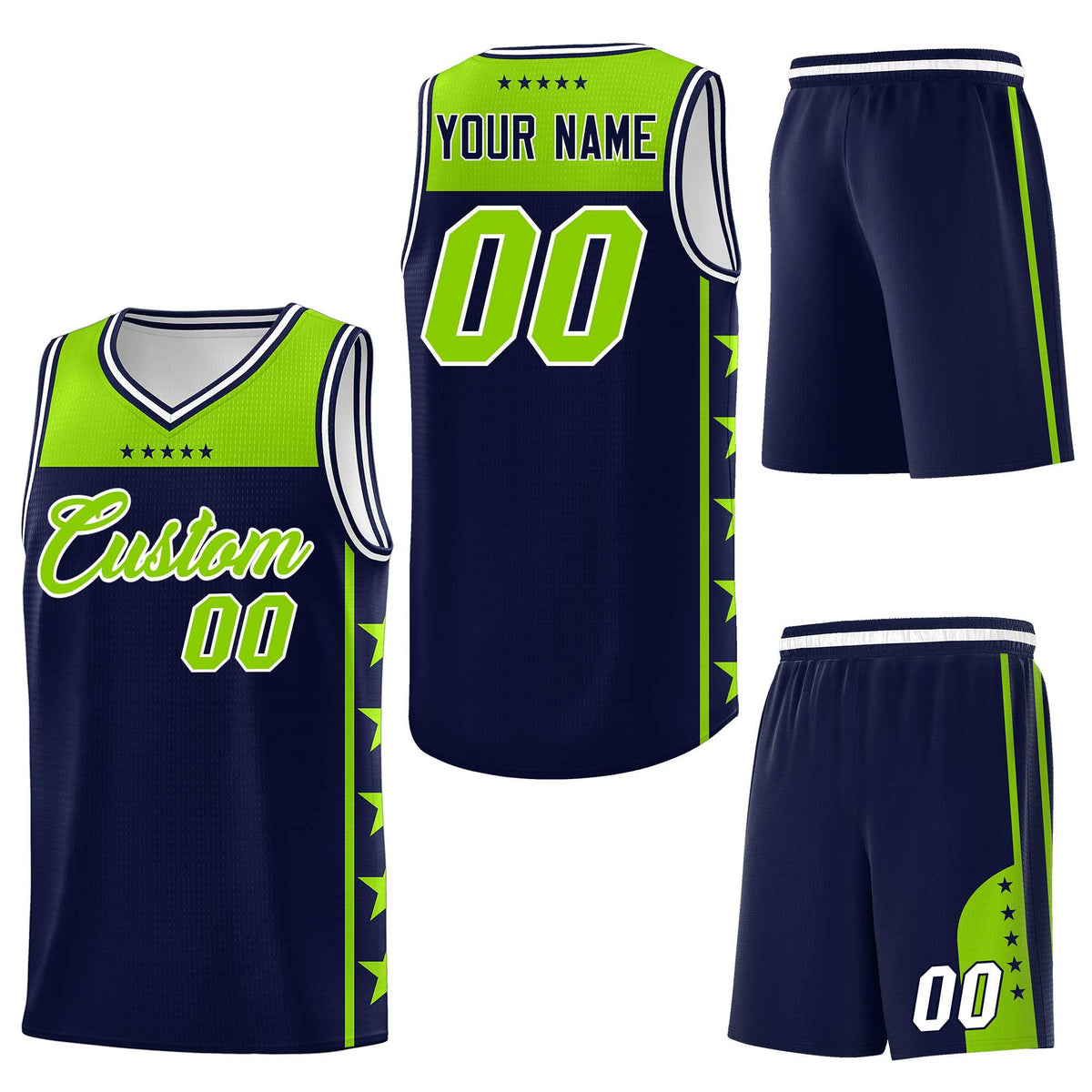 Custom Navy Neon Green Personalized Star Pattern Sports Uniform Basketball Jersey