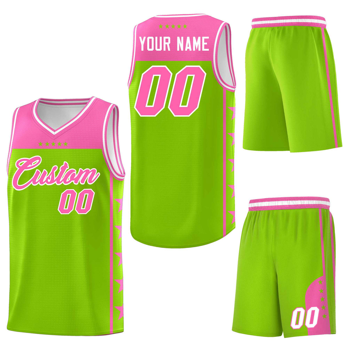 Custom Neon Green Pink Personalized Star Pattern Sports Uniform Basketball Jersey