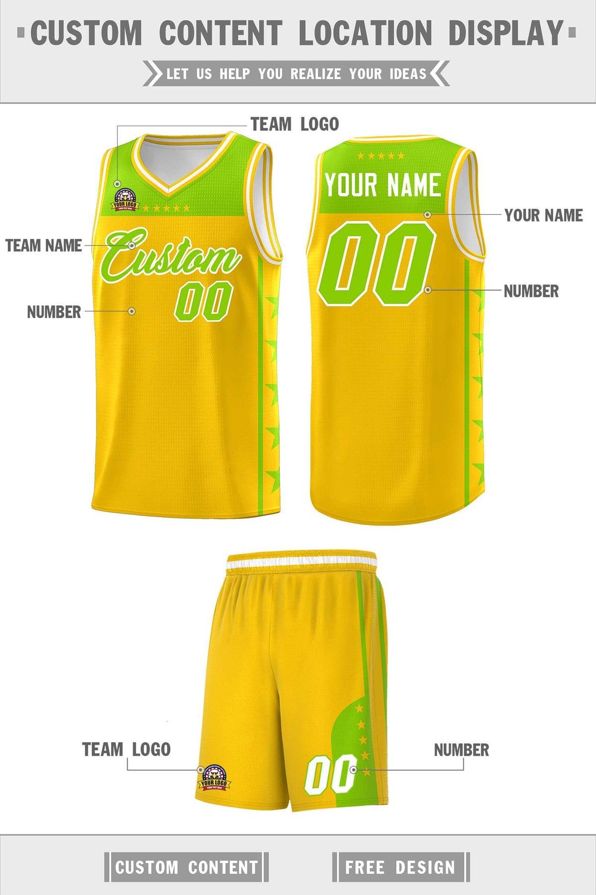 Custom Gold Neon Green Color Block Sets Sports Uniform Basketball Jersey