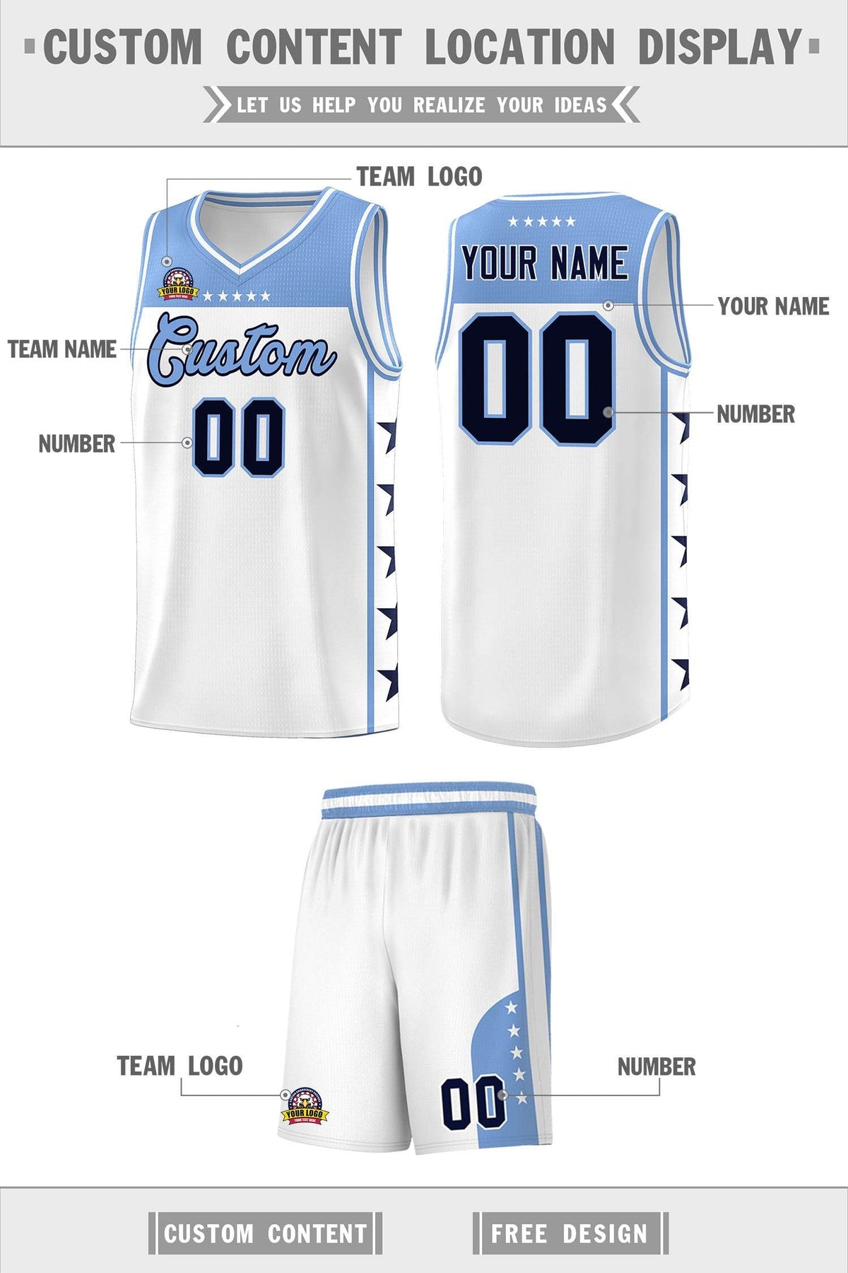 Custom White Light Blue Color Block Sets Sports Uniform Basketball Jersey