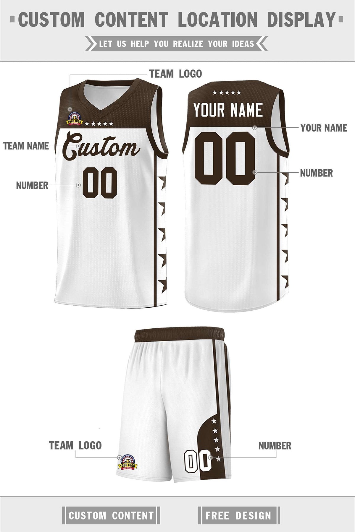 Custom White Brown Color Block Sets Sports Uniform Basketball Jersey