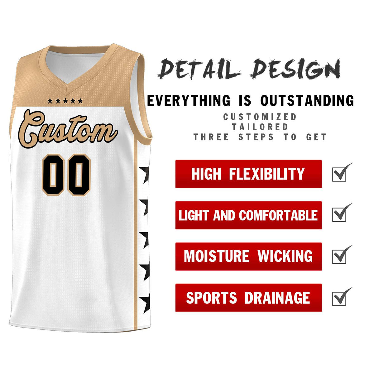 Custom White Old Gold Color Block Sets Sports Uniform Basketball Jersey