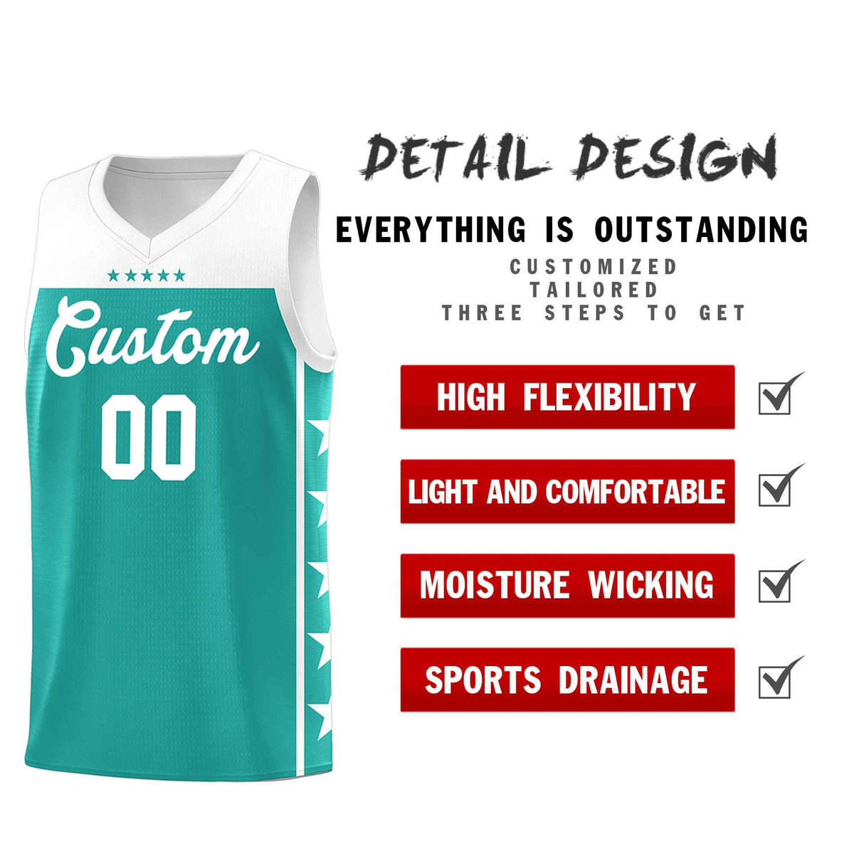 Custom Aqua White Personalized Star Pattern Sports Uniform Basketball Jersey