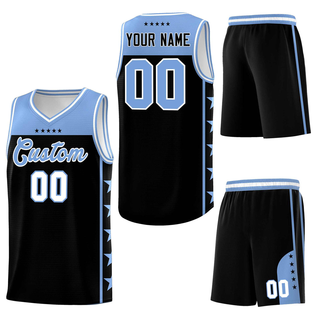 Custom Black Light Blue Personalized Star Pattern Sports Uniform Basketball Jersey
