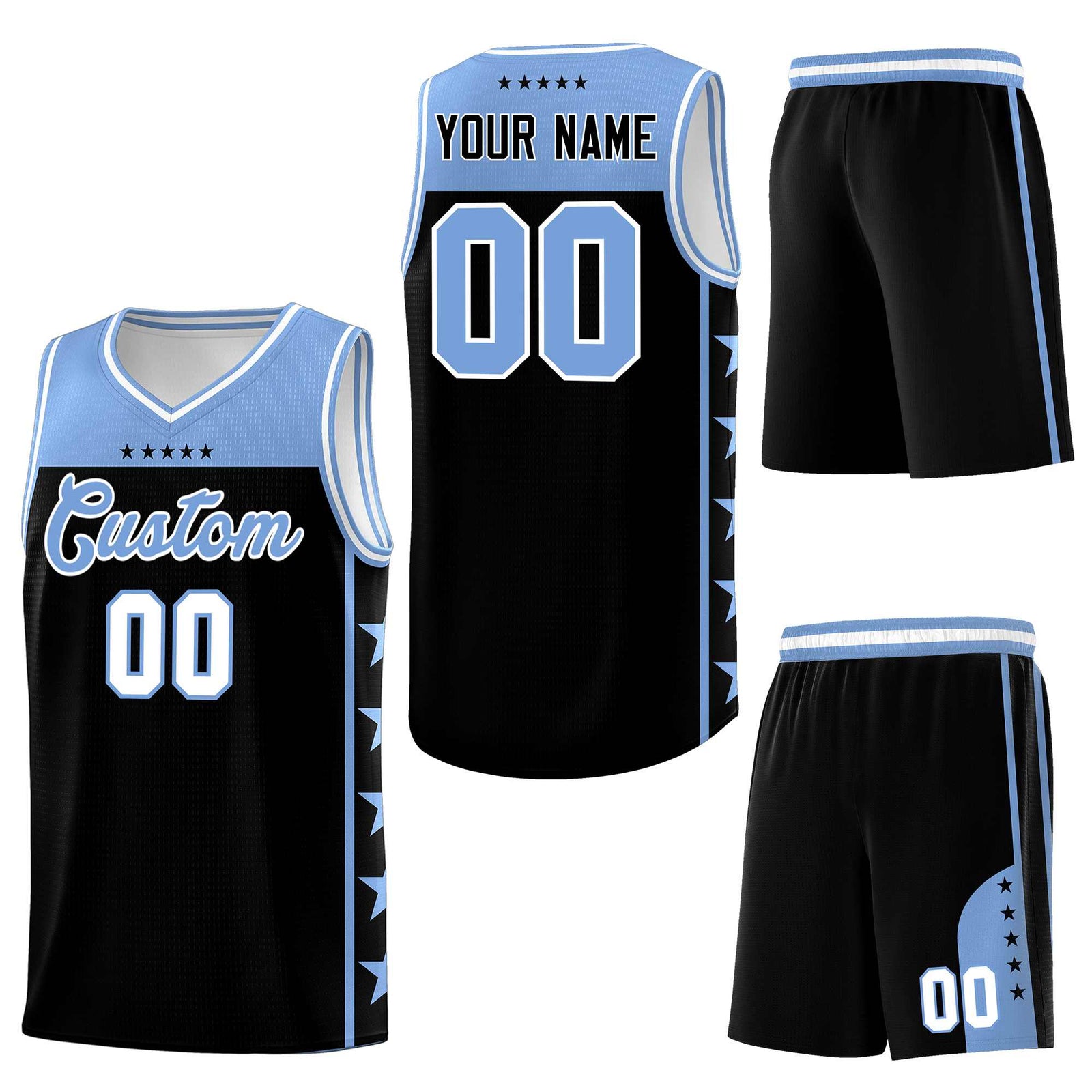 Custom Black Light Blue Personalized Star Pattern Sports Uniform Basketball Jersey