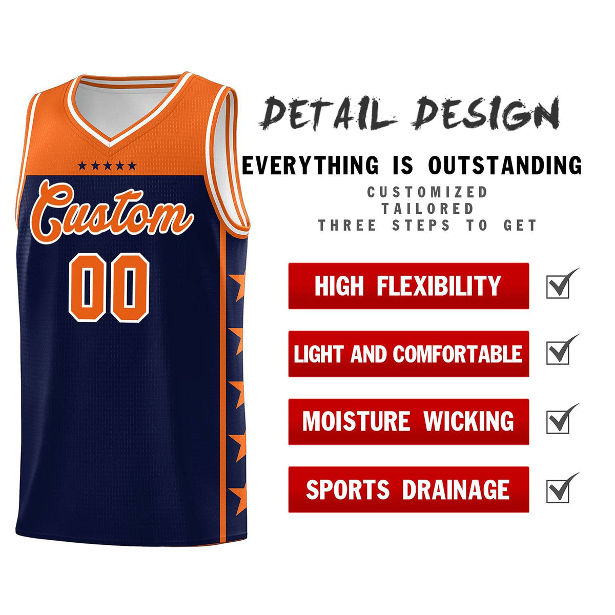 Custom Navy Orange Color Block Sets Sports Uniform Basketball Jersey