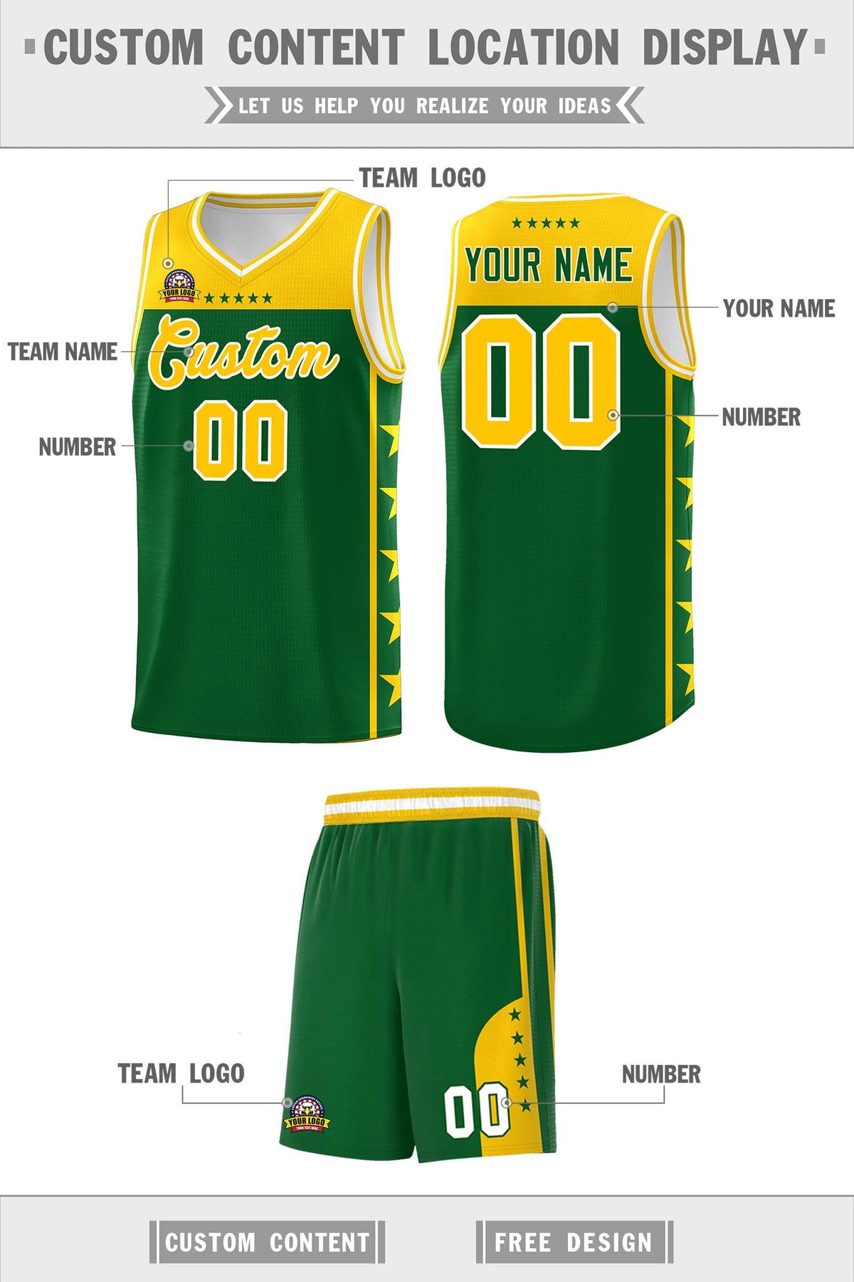 Custom Kelly Green Yellow Color Block Sets Sports Uniform Basketball Jersey