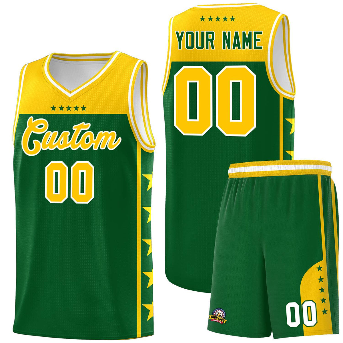 Custom Kelly Green Yellow Color Block Sets Sports Uniform Basketball Jersey