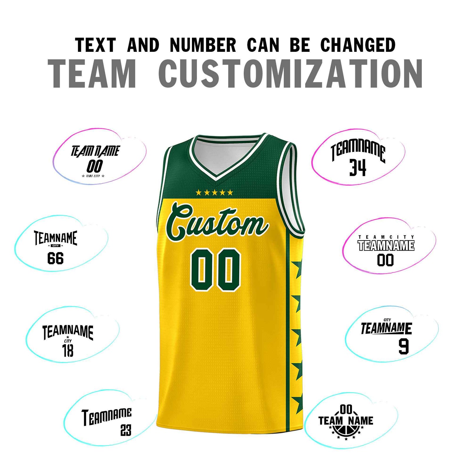 Custom Gold Kelly Green Color Block Sets Sports Uniform Basketball Jersey