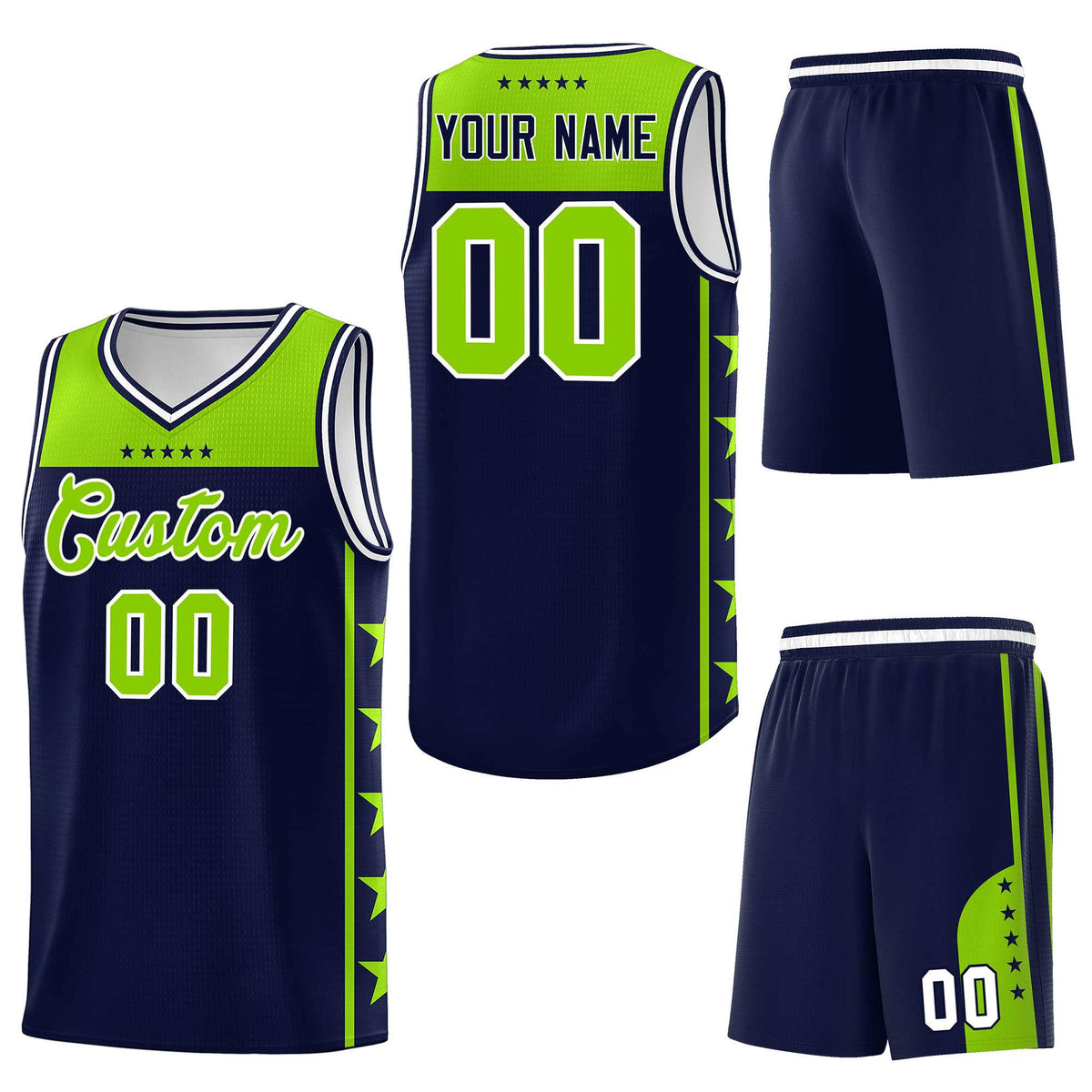 Custom Navy Neon Green Personalized Star Pattern Sports Uniform Basketball Jersey