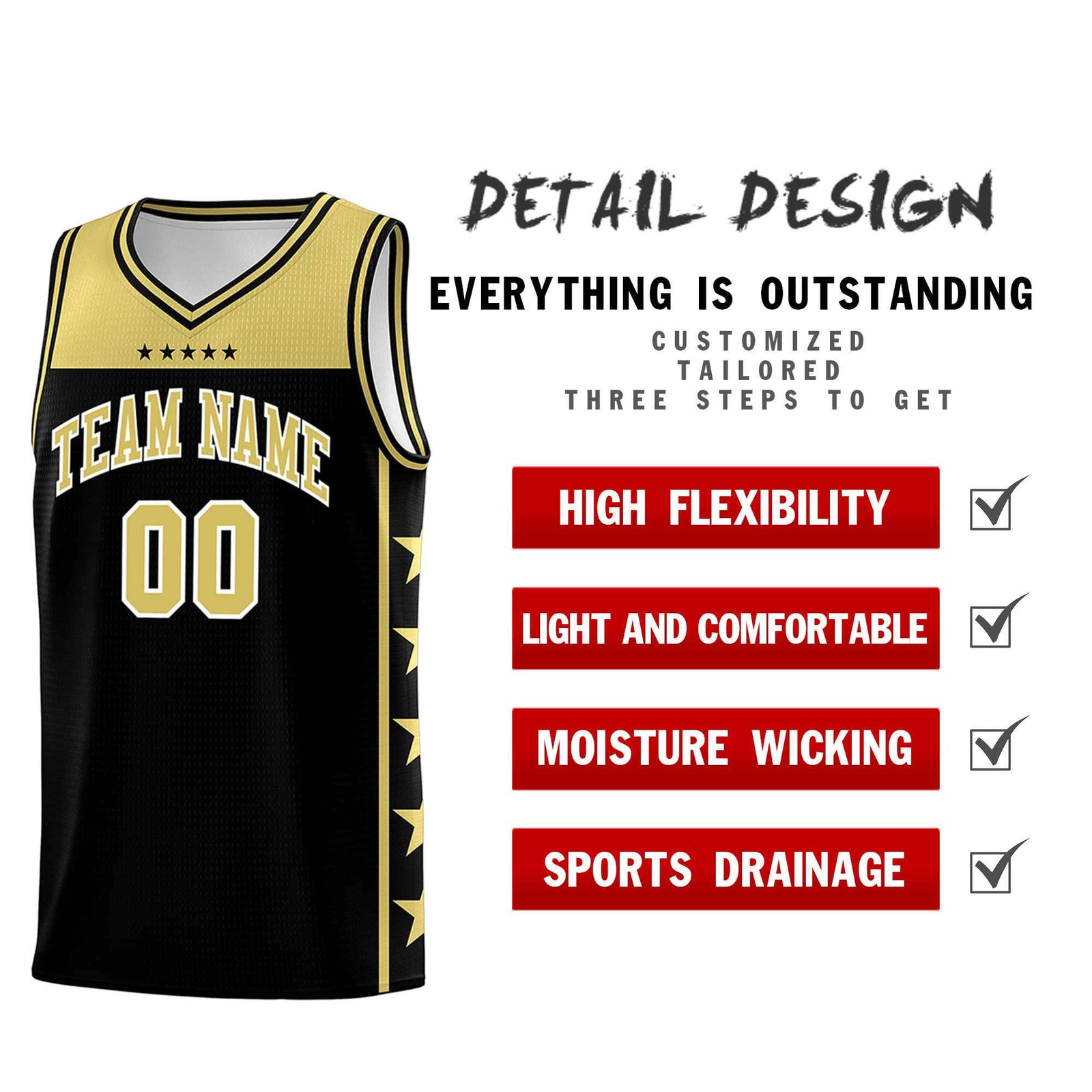 Custom Black Old Gold Color Block Sets Sports Uniform Basketball Jersey