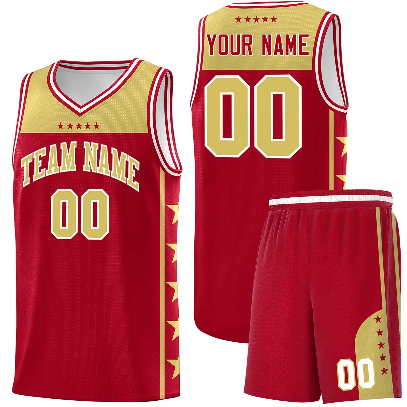 Custom Red Old Gold Color Block Sets Sports Uniform Basketball Jersey