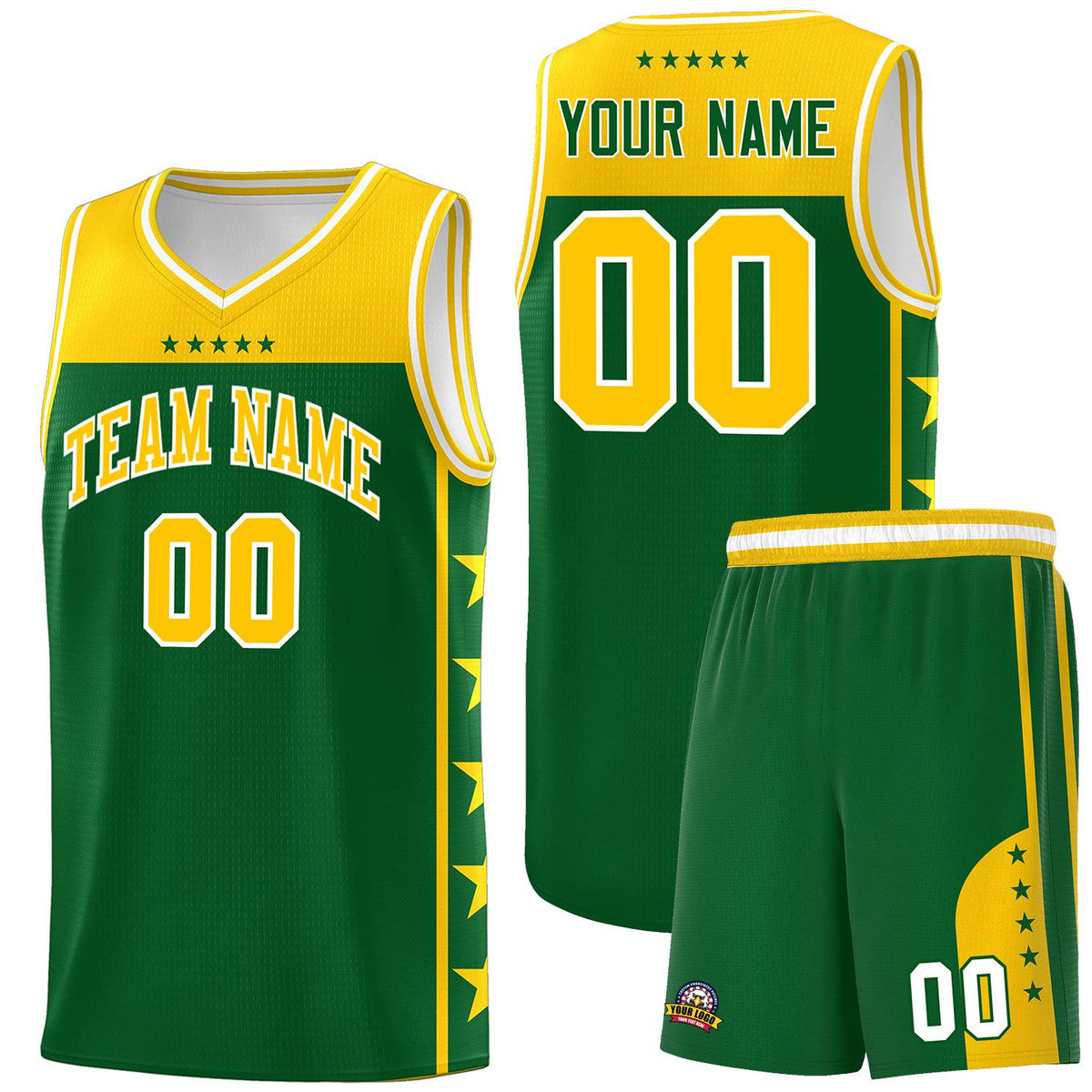 Custom Kelly Green Yellow Color Block Sets Sports Uniform Basketball Jersey