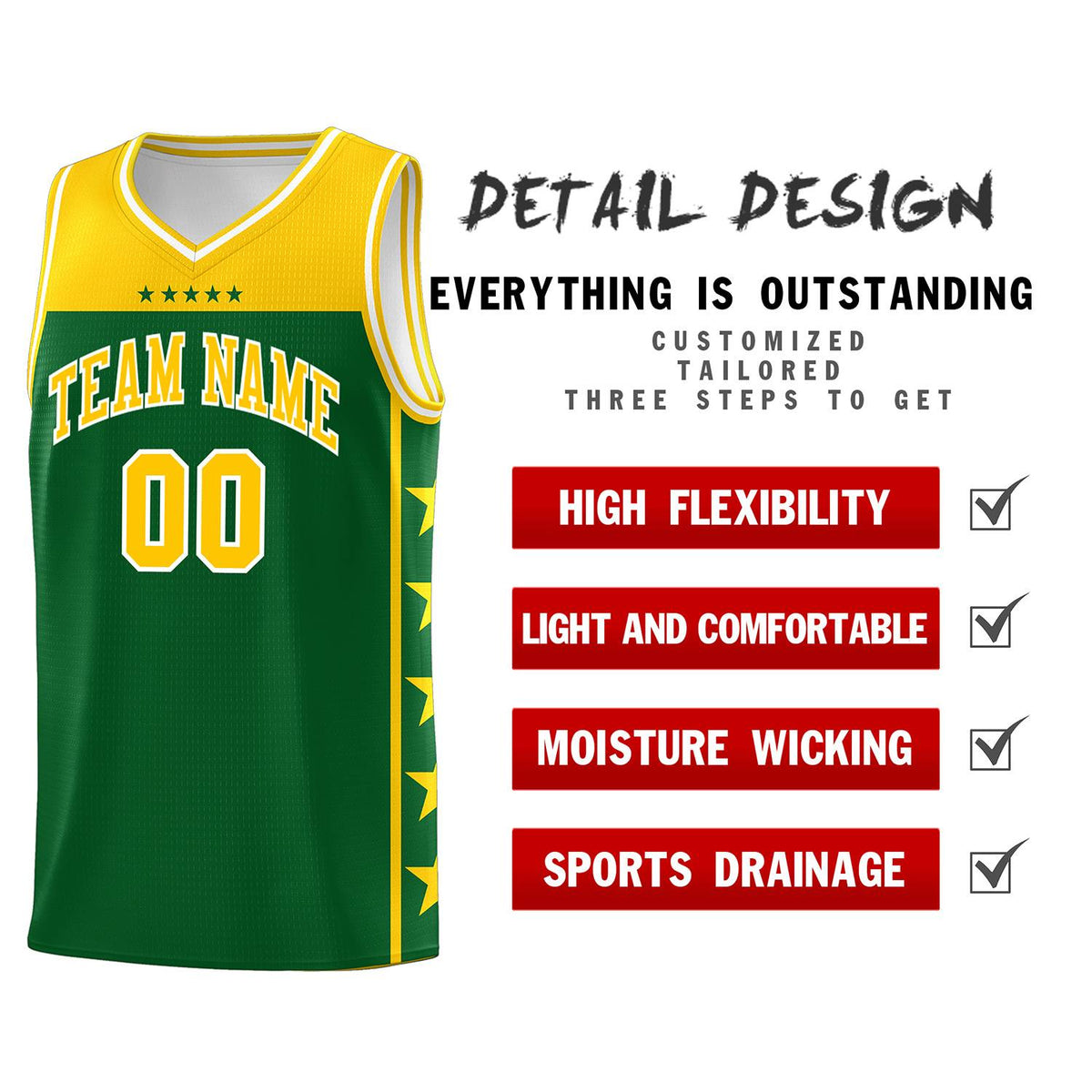 Custom Kelly Green Yellow Color Block Sets Sports Uniform Basketball Jersey
