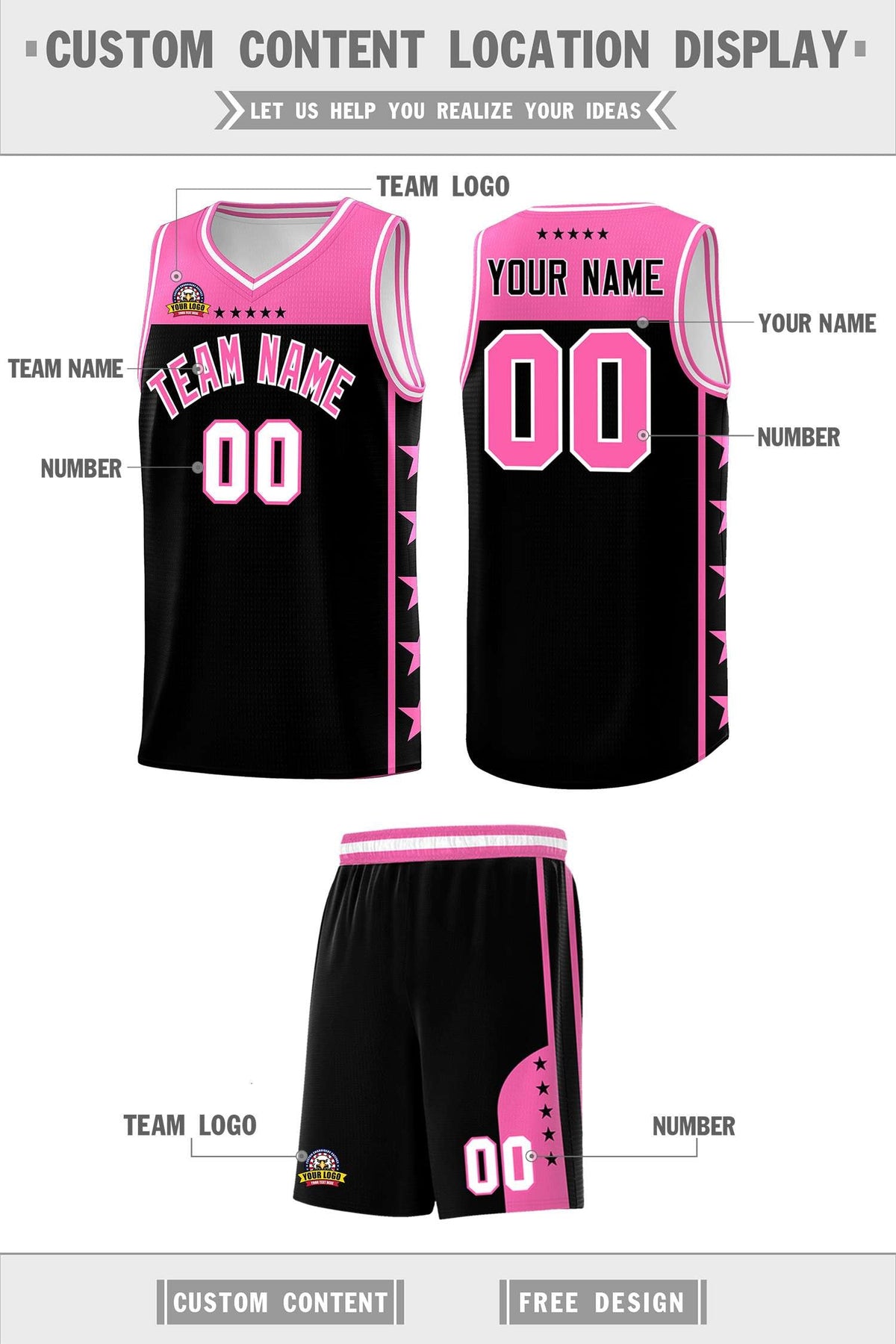 Custom Black Pink Color Block Sets Sports Uniform Basketball Jersey