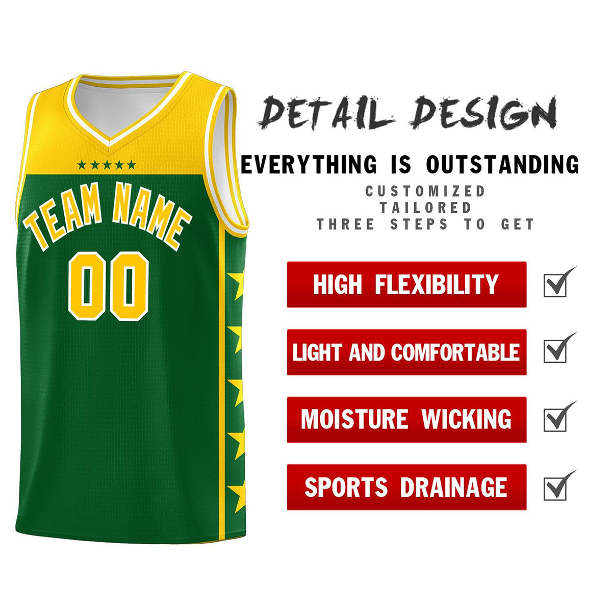Custom Kelly Green Yellow Color Block Sets Sports Uniform Basketball Jersey