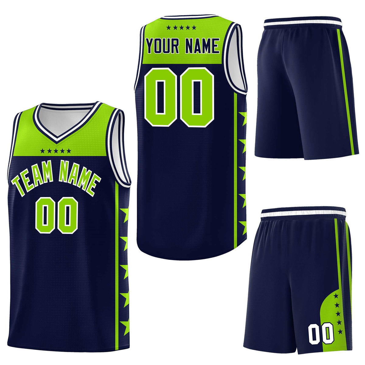 Custom Navy Neon Green Personalized Star Pattern Sports Uniform Basketball Jersey